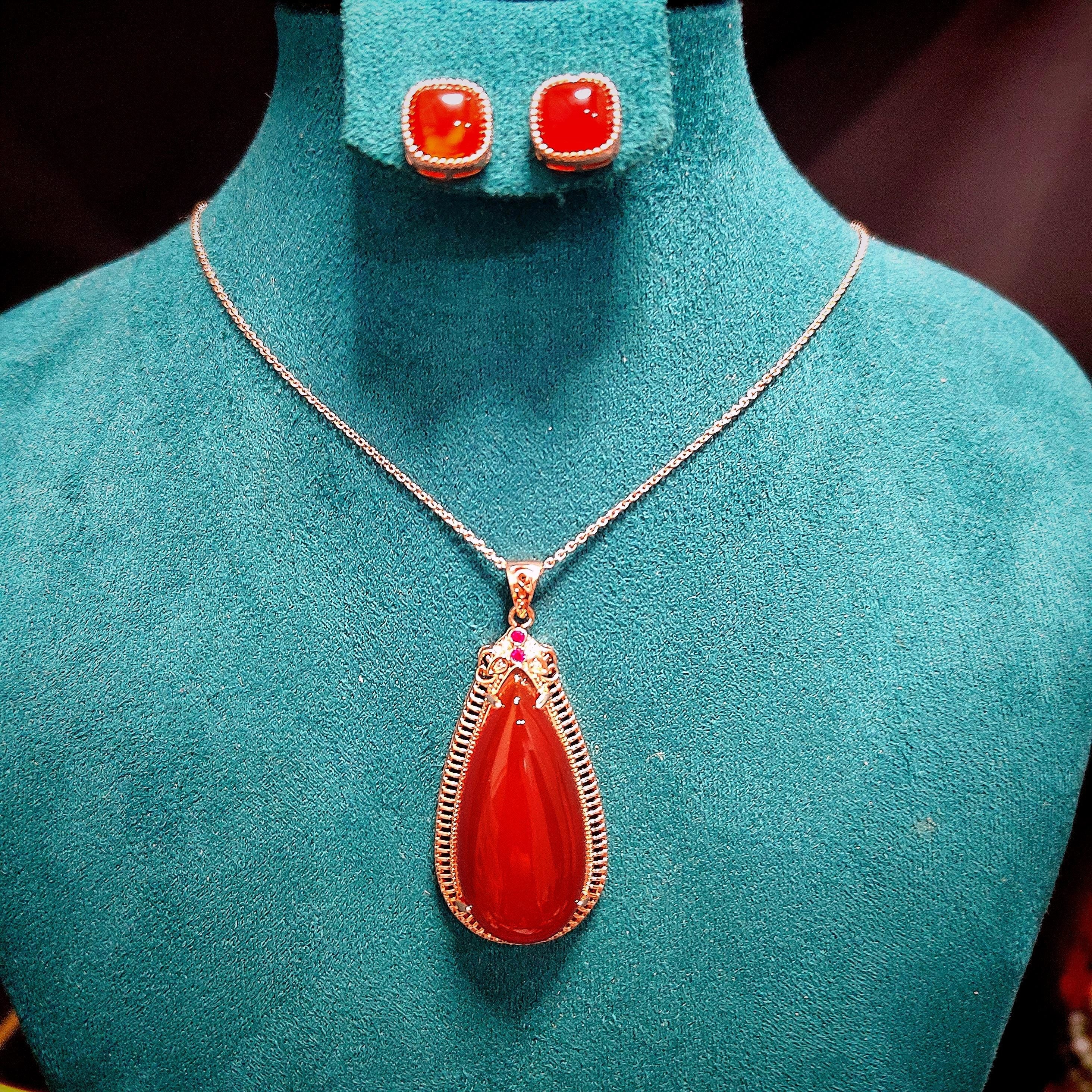 Certified A-Grade Natural Baoshan Nanhong Icy Red Agate Earrings & Large Pendant Set | Top-Quality Southern Red Agate Jewelry SL359