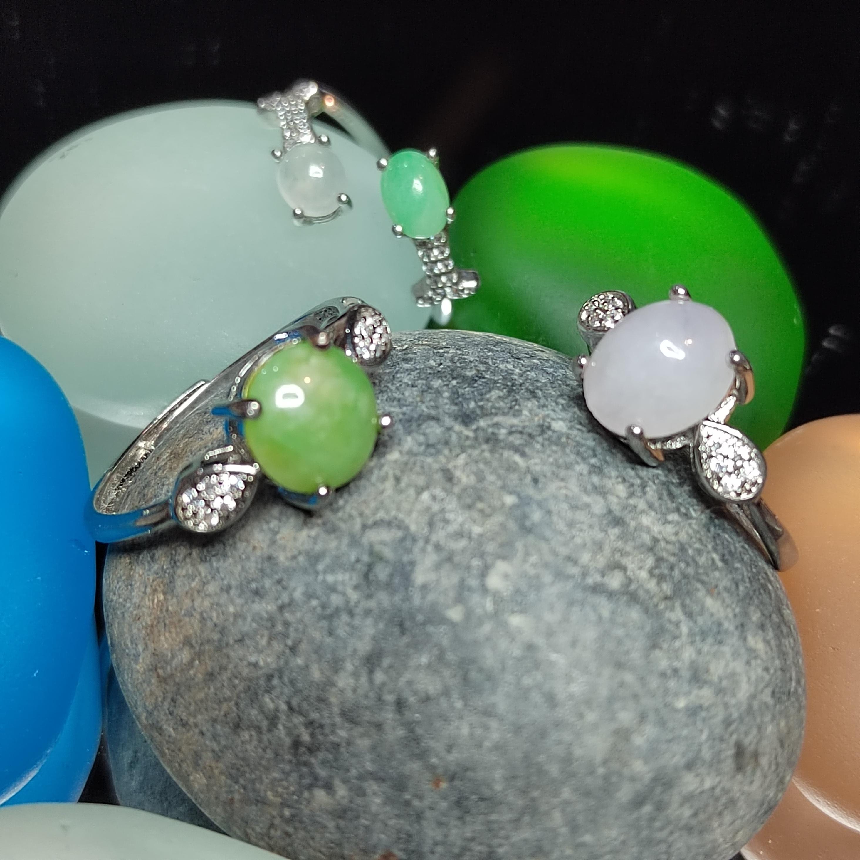 Burmese Jadeite Ring Set: Sterling Silver, Zircon Accents SL411