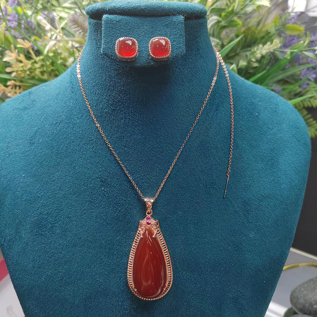 Certified A-Grade Natural Baoshan Nanhong Icy Red Agate Earrings & Large Pendant Set | Top-Quality Southern Red Agate Jewelry SL359