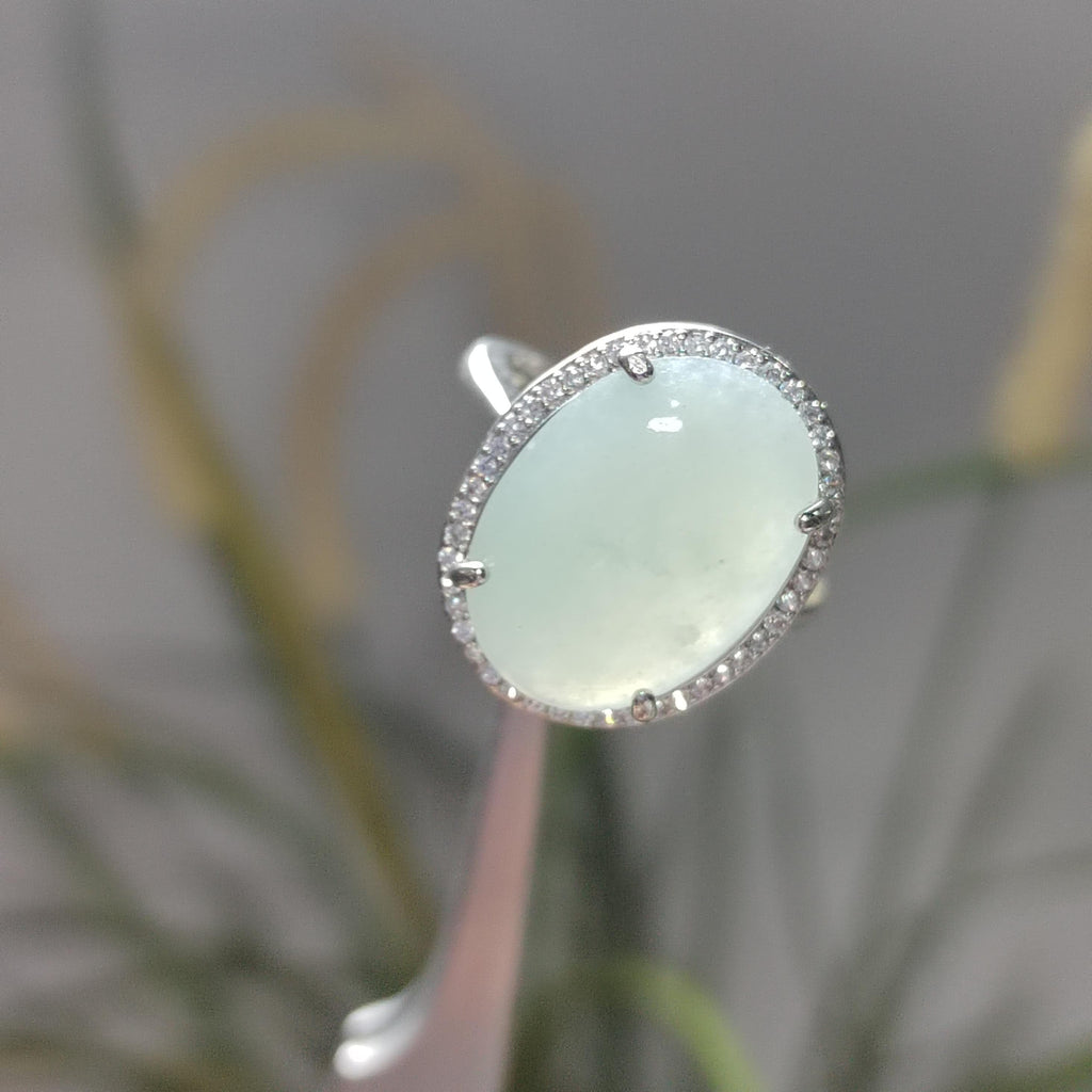 Burmese A-Grade Natural White Icy Blue Jadeite Ring | Floral Zirconia Adjustable SL085