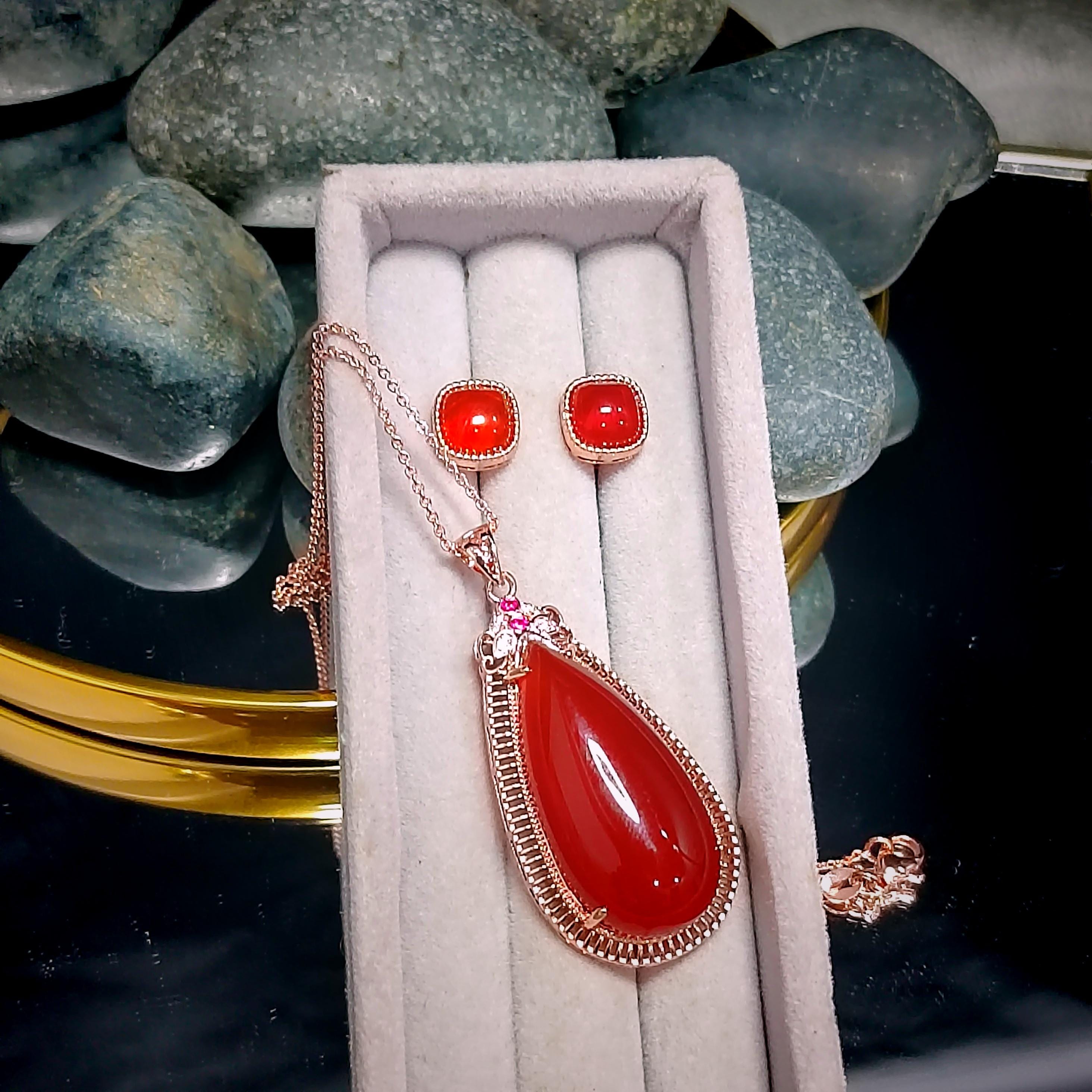 Certified A-Grade Natural Baoshan Nanhong Icy Red Agate Earrings & Large Pendant Set | Top-Quality Southern Red Agate Jewelry SL359