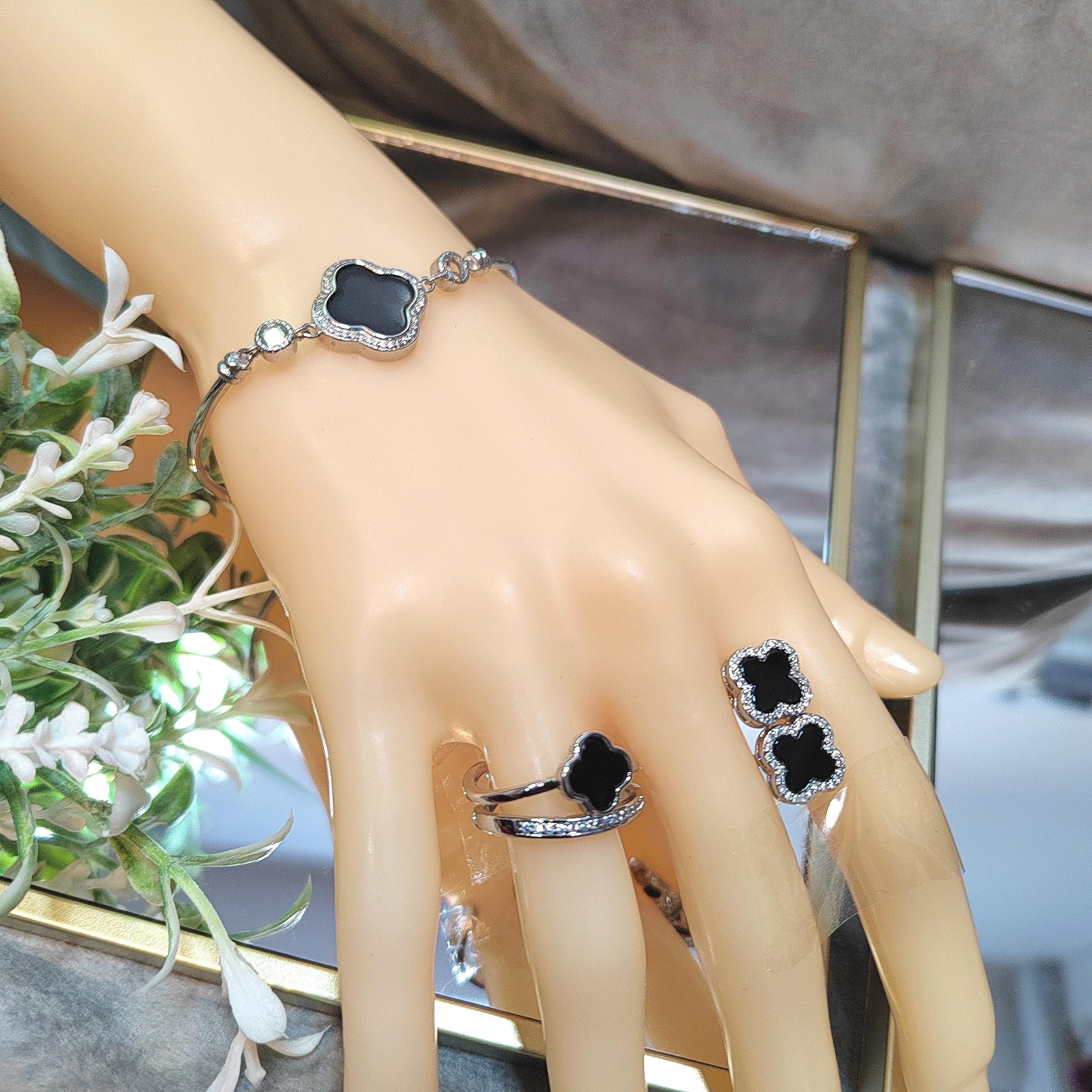 Burmese 3pcs Set Natural Gemstone Untreated Black Ink Jadeite Lucky Flower Ring, Earring, Bracelets/Bangle (2 Designs Available) SL160 SL161
