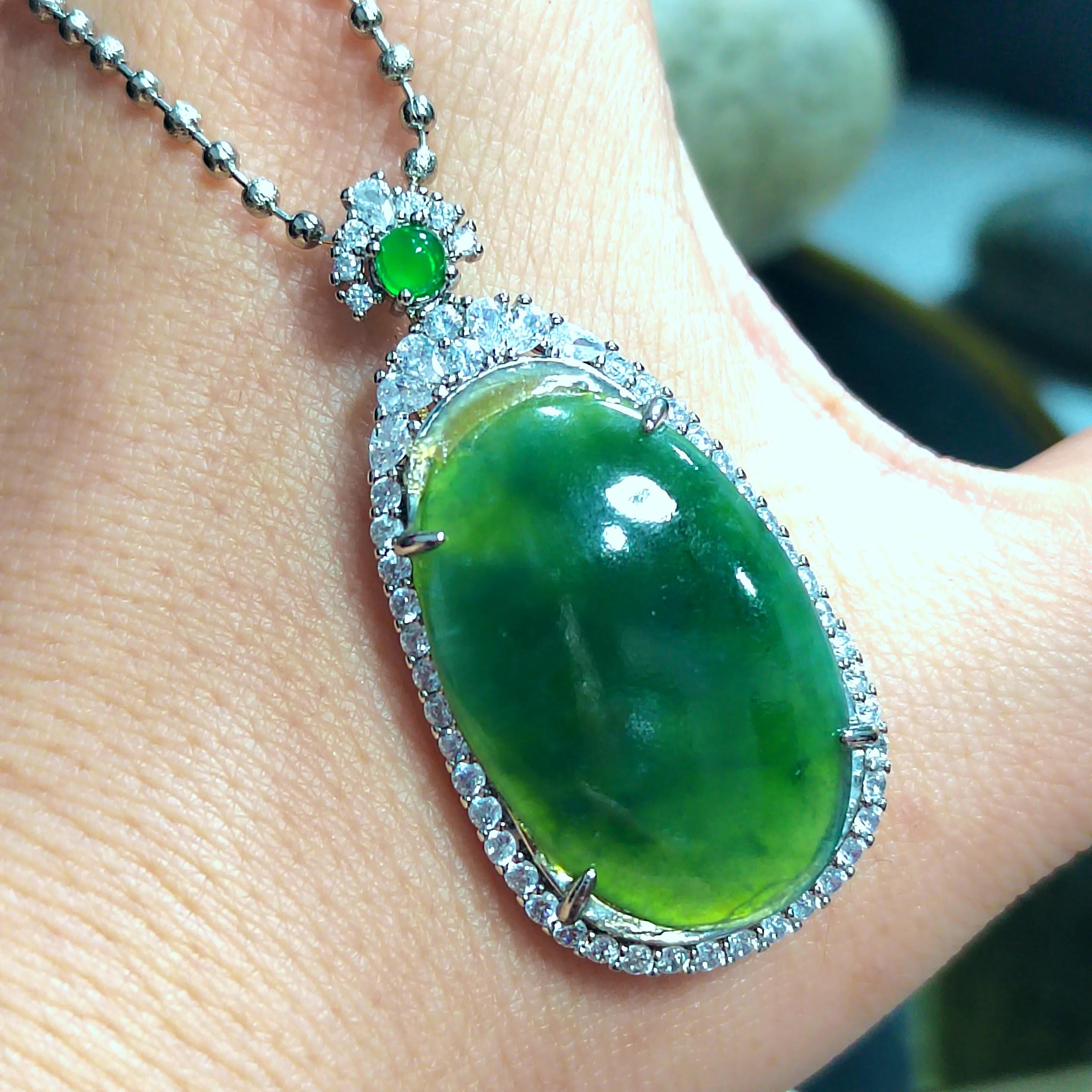 Certified Natural Burmese Necklace Dark Apple Green Jadeite with Zirconia Accents On 925 Silver Plated with 18K White Gold SL062 - SL Precious