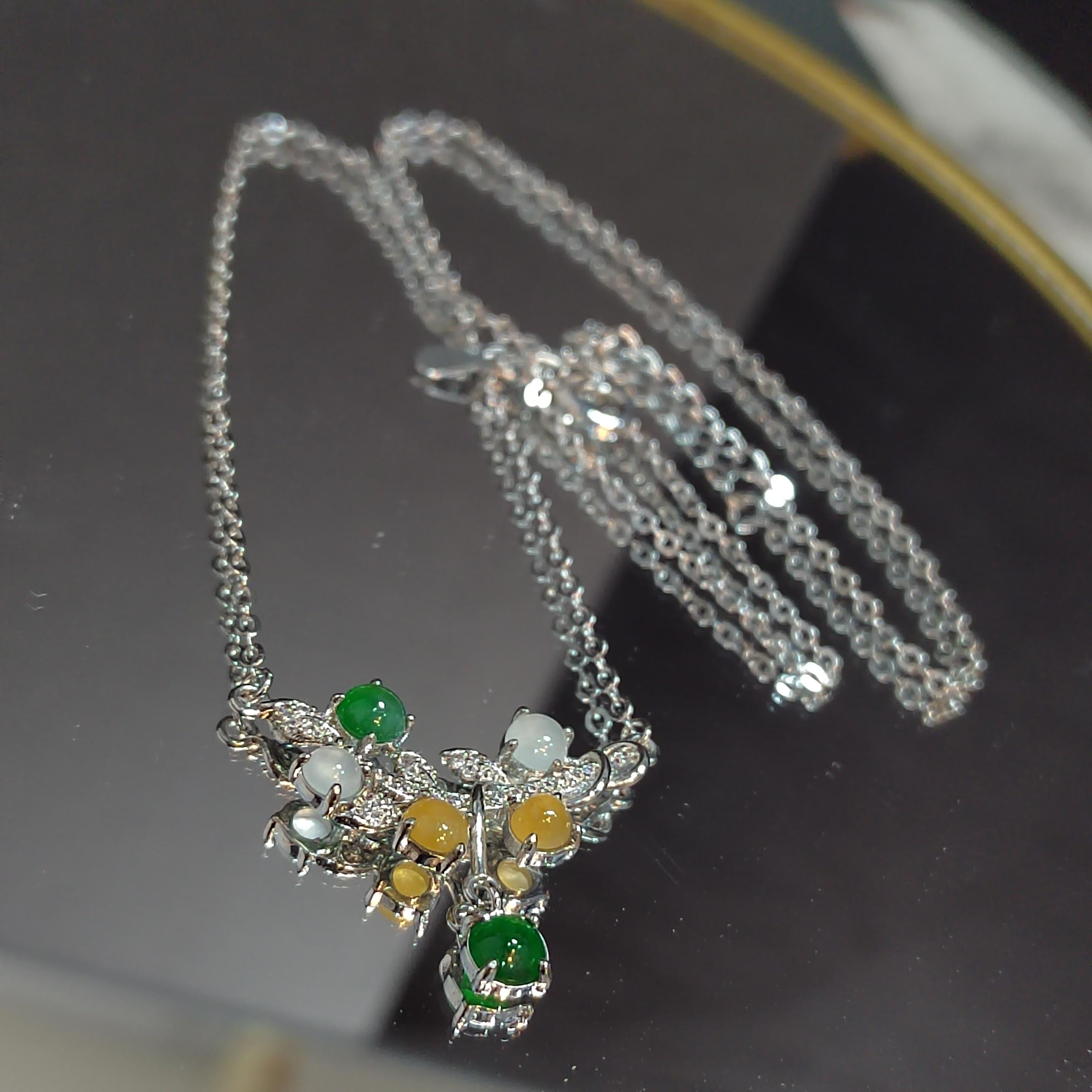 3 Colors Women Burmese Icy White, Yellow, Imperial Green Jadeite Necklace with Zircon Accent 925 Silver Plated with 18K White Gold SL082