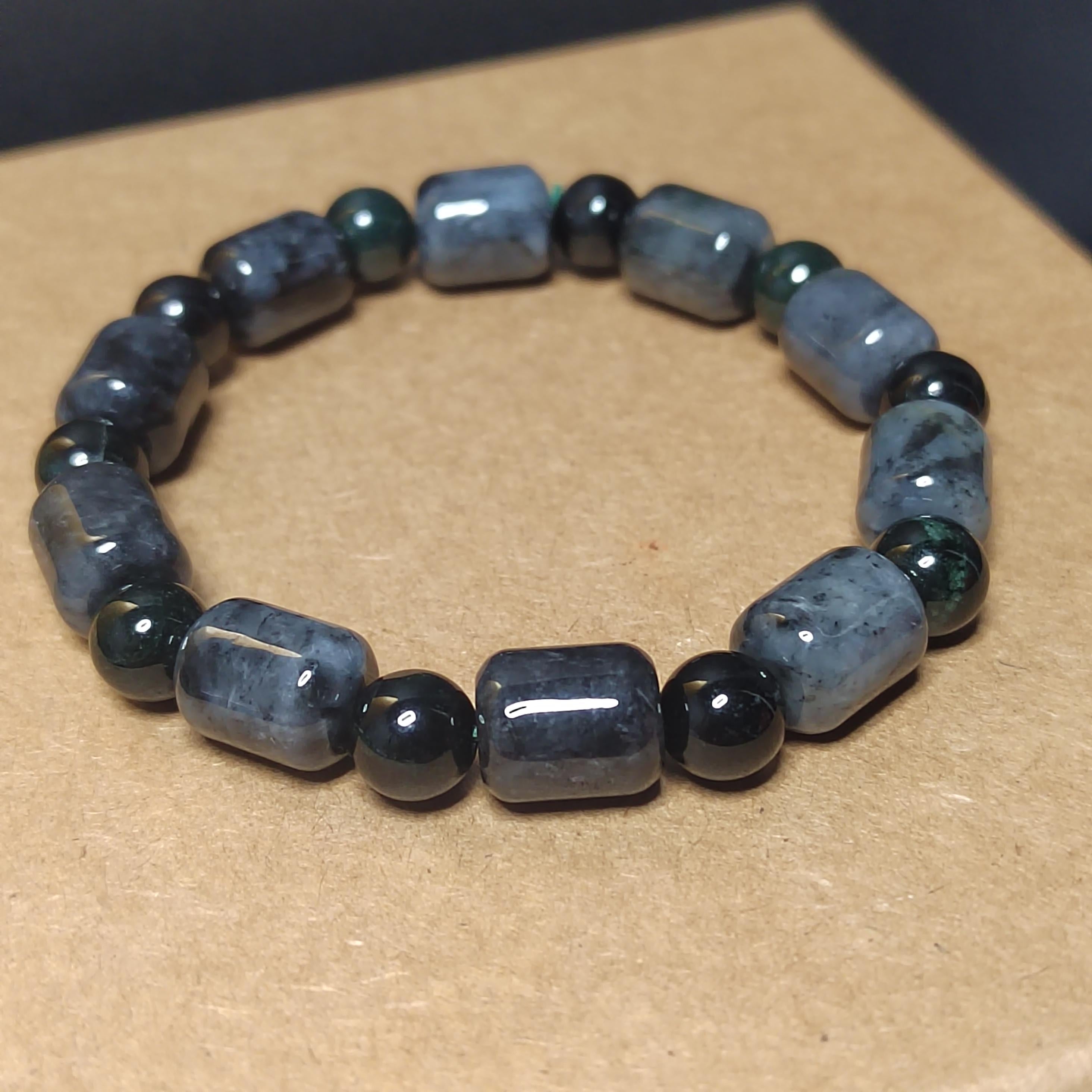 Natural Certified Burmese Cylinder Black/Grey Wuji & Round Bead Black Ink Jadeite Bracelet SL229 - SL Precious