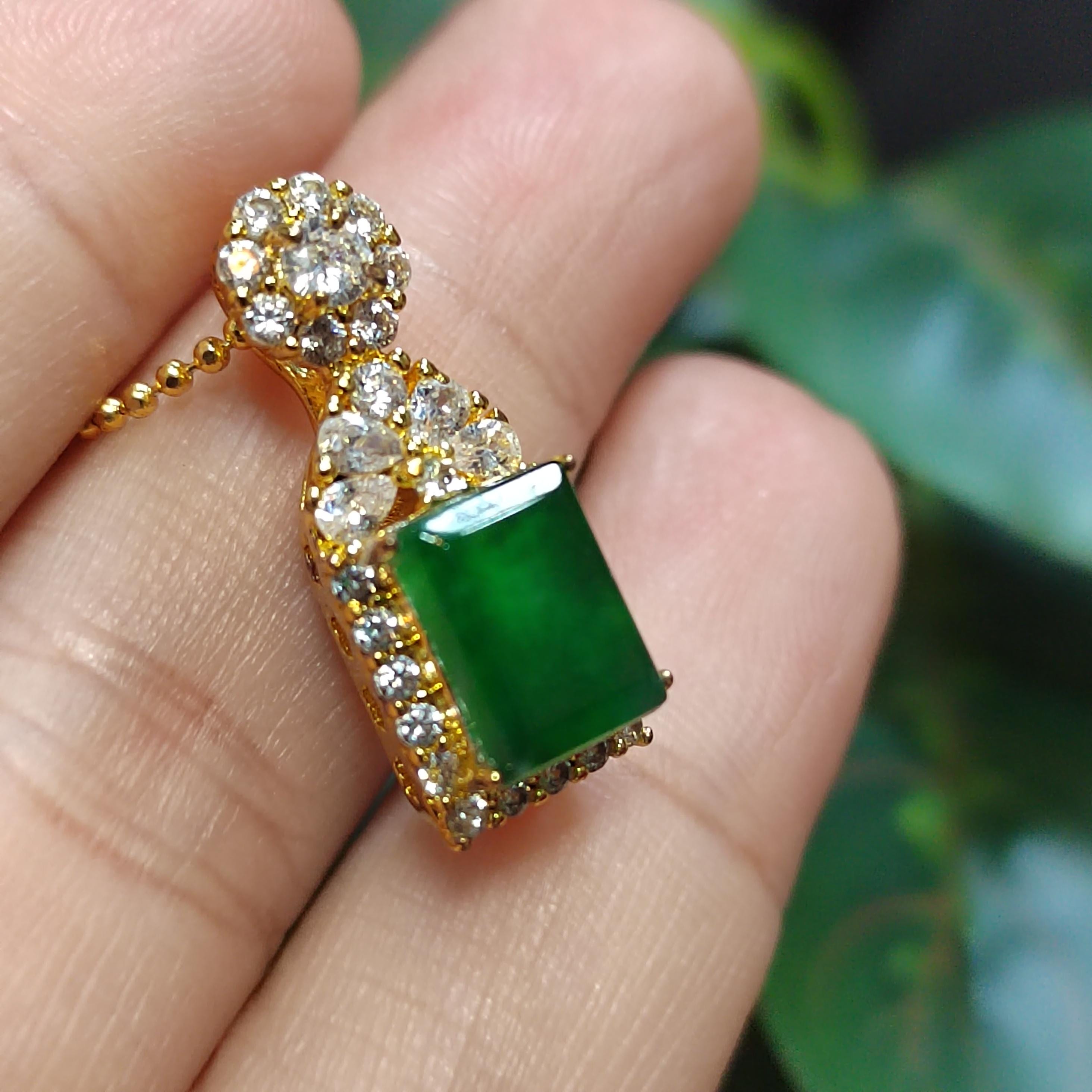 Certified A-Grade Imperial Green Jadeite Rectangle Pendant | Zirconia Accent |Simple| Elegant | Minimalist Design |Best Gift For Her SL040 - SL Precious
