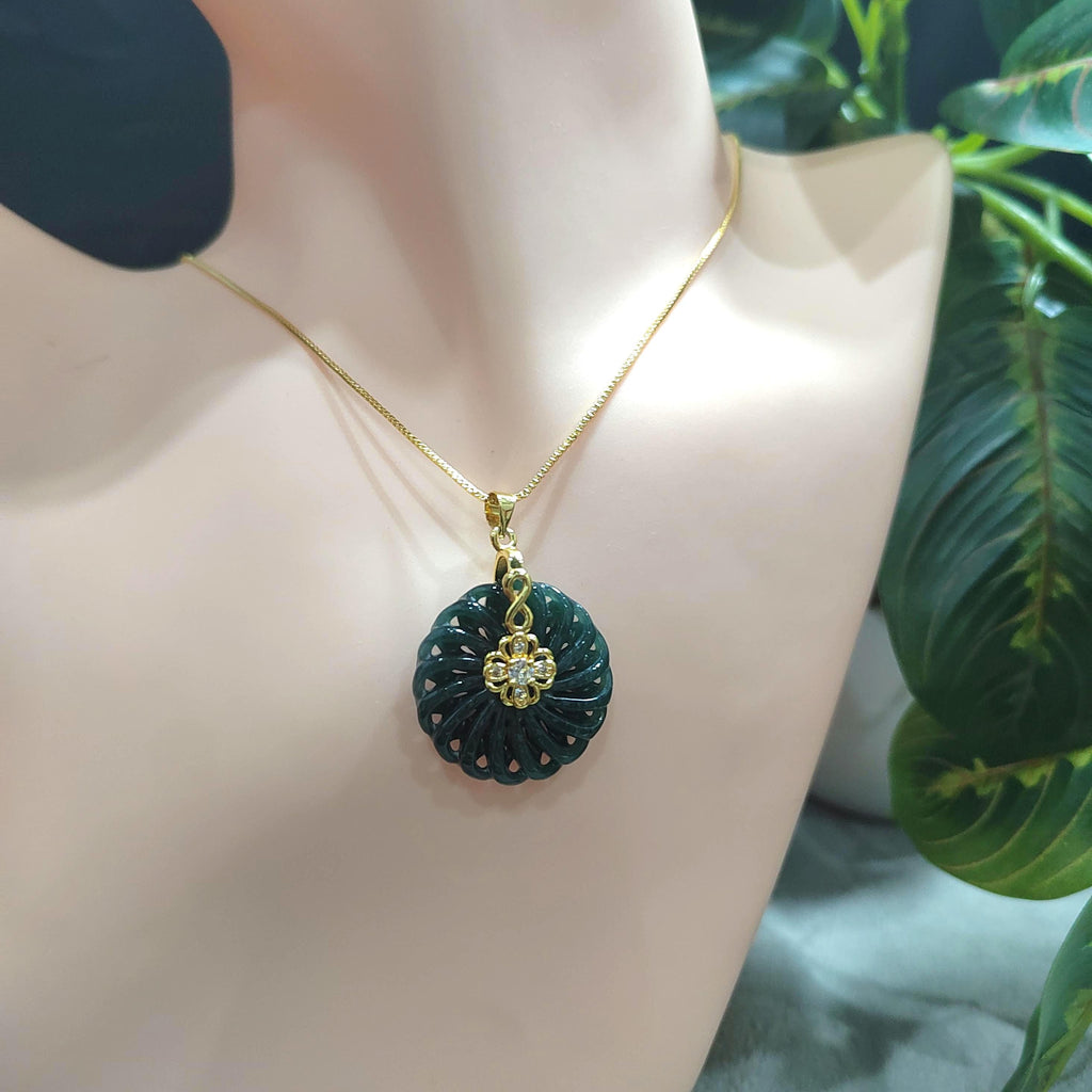 Hand Carved Guatemala Round Flower Lucky Spin Dark Green Natural Untreated Jadeite Pendant SL076 - SL Precious