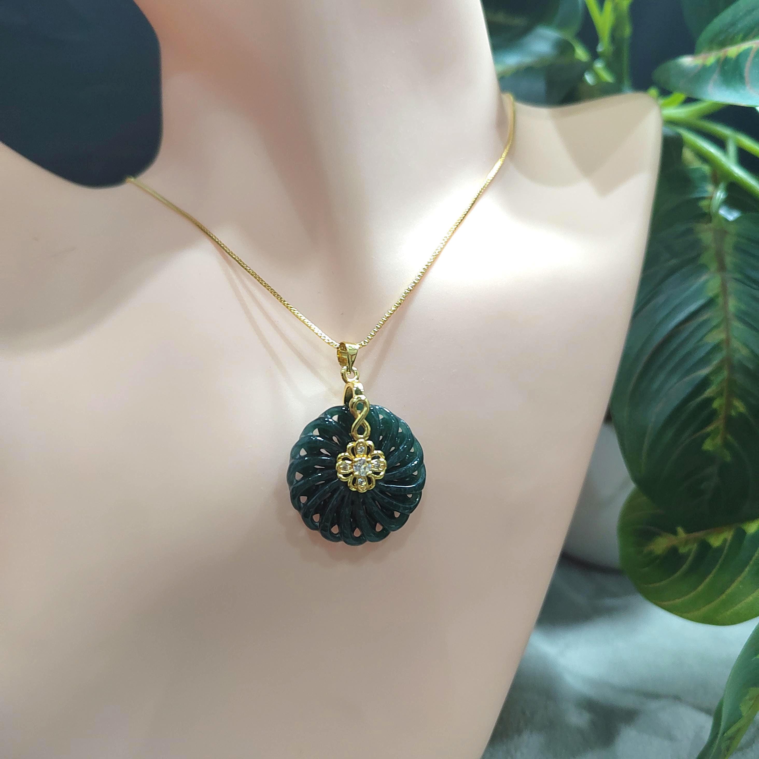 Hand Carved Guatemala Round Flower Lucky Spin Dark Green Natural Untreated Jadeite Pendant SL076 - SL Precious