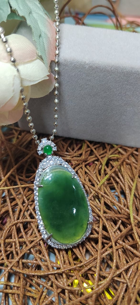 Certified Natural Burmese Necklace Dark Apple Green Jadeite with Zirconia Accents On 925 Silver Plated with 18K White Gold SL062 - SL Precious