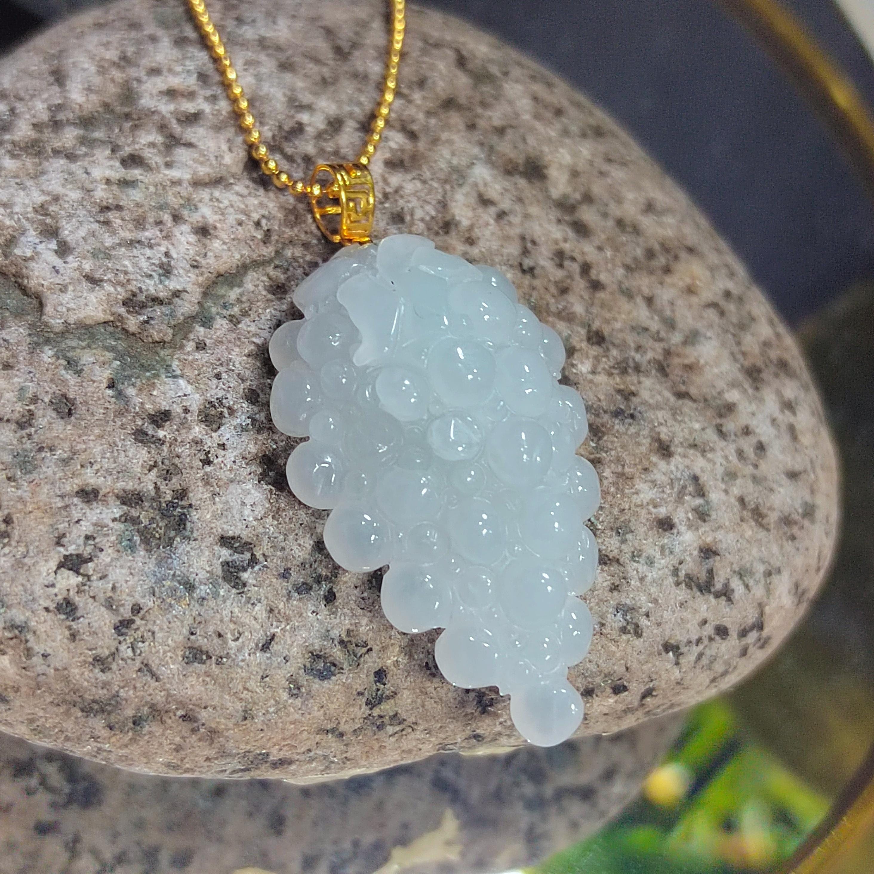 Certified Burmese Gemstone A-Grade White Icy Hand Carved Grape Shape Jadeite Pendant | 18k Solid Yellow Gold Buckle | Gifts For Her SL8020 - SL Precious