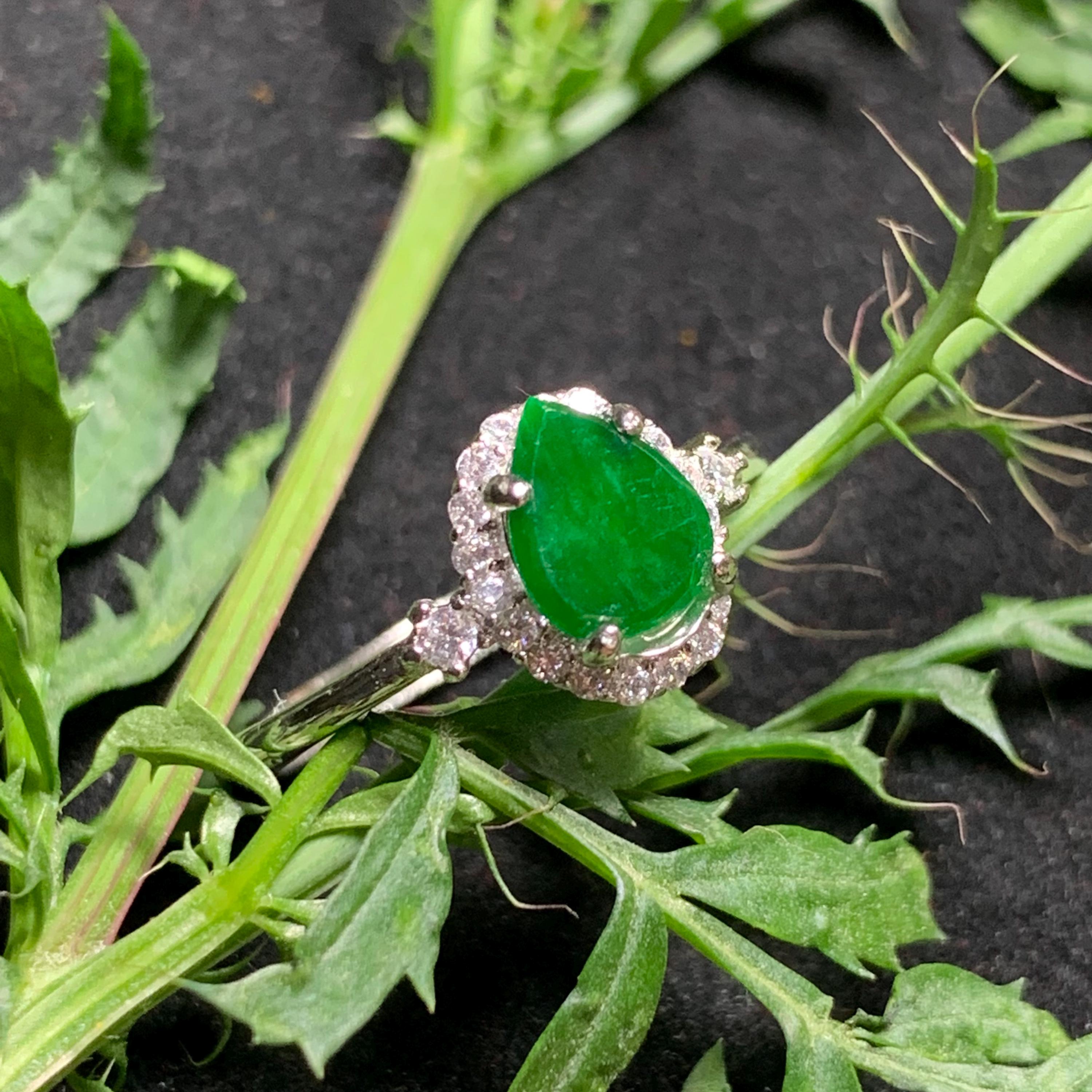 Certified A-Grade Natural Untreated Burmese Elegant Tear Drops Imperial Green With Zircon Set S925 Sterling Silver Jadeite Ring SL243X2 - SL Precious