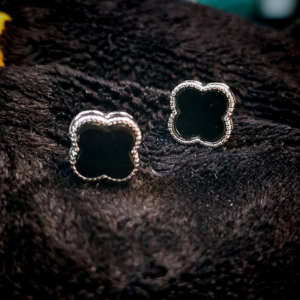 Certified A-Grade Minimalist Natural Untreated Burmese Black Ink Jadeite S925 Lucky Flower  Stud Earrings Jadeite SL257X16 - SL Precious