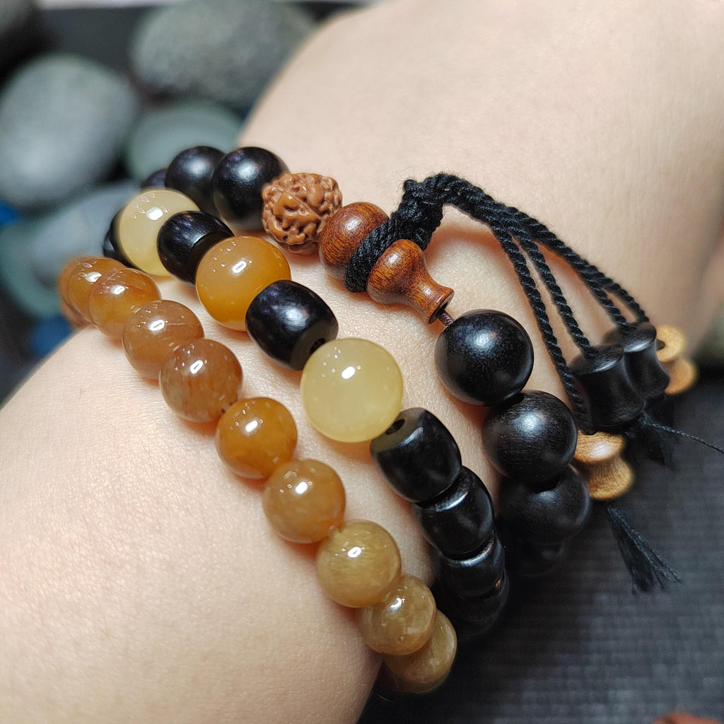 Burmese Yellow Jadeite Bracelet Set: HuangLong Jade & Ebony Wood SL423