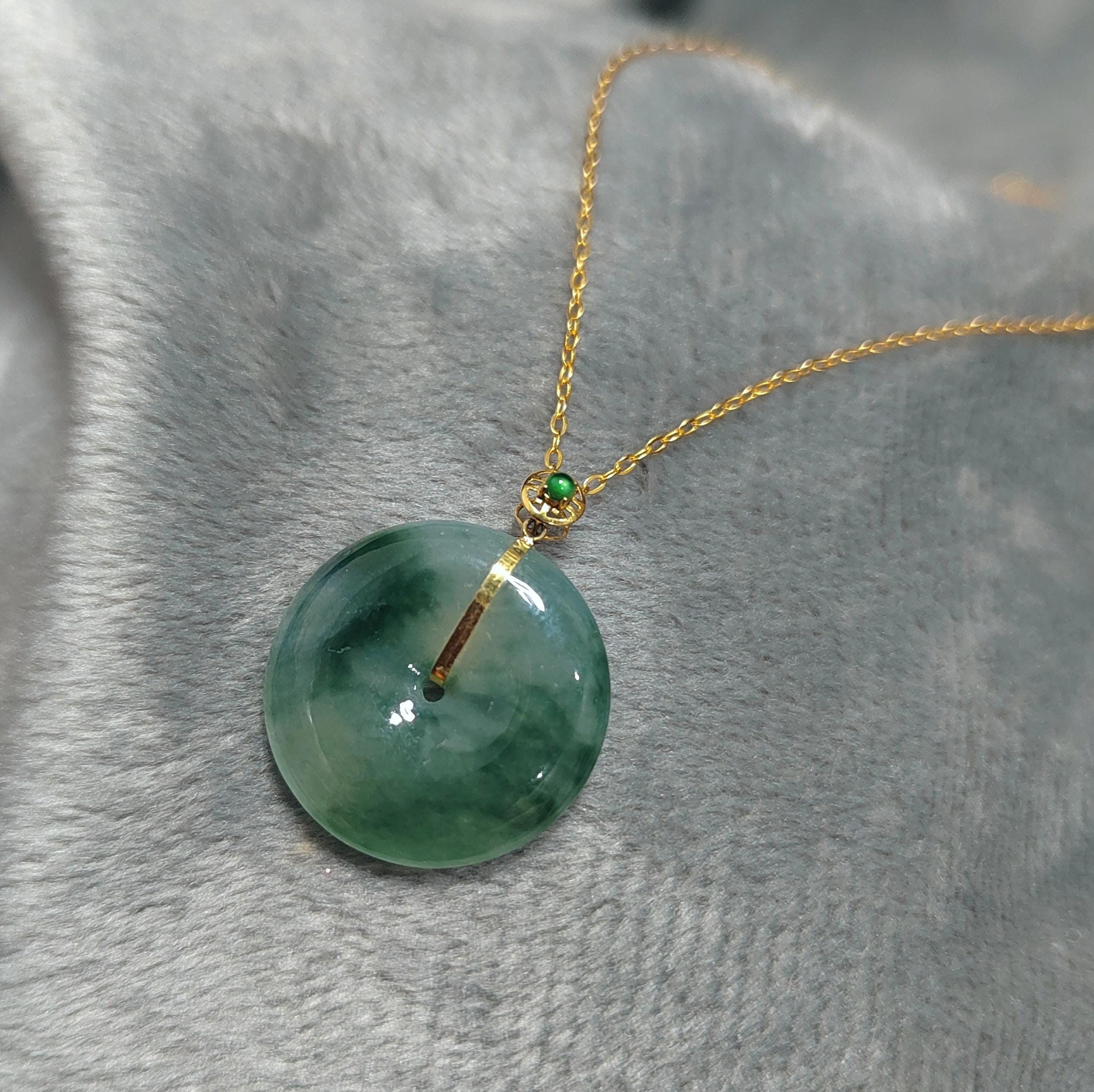 Certified A-Grade Natural Untreated Burmese Dynasty Design Icy Floral Green Donut Jadeite Pendant 冰飘花 G18K SL375