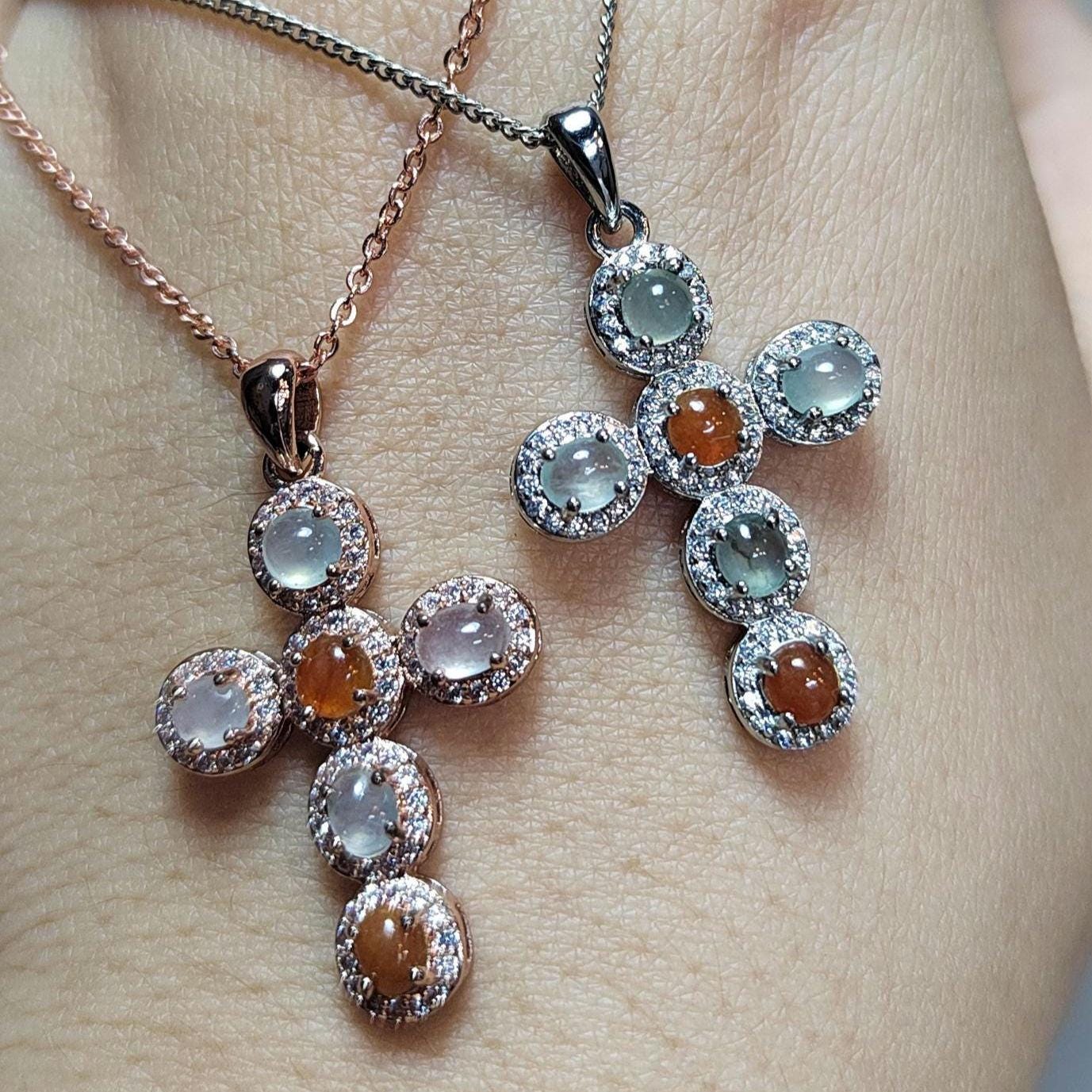 Natural Burmese Red/White Icy A Grade Jadeite Cross 925 Silver 18k Rose/White Gold Plated Zirconia Christian Cross Jewelry Set SL057 - SL Precious