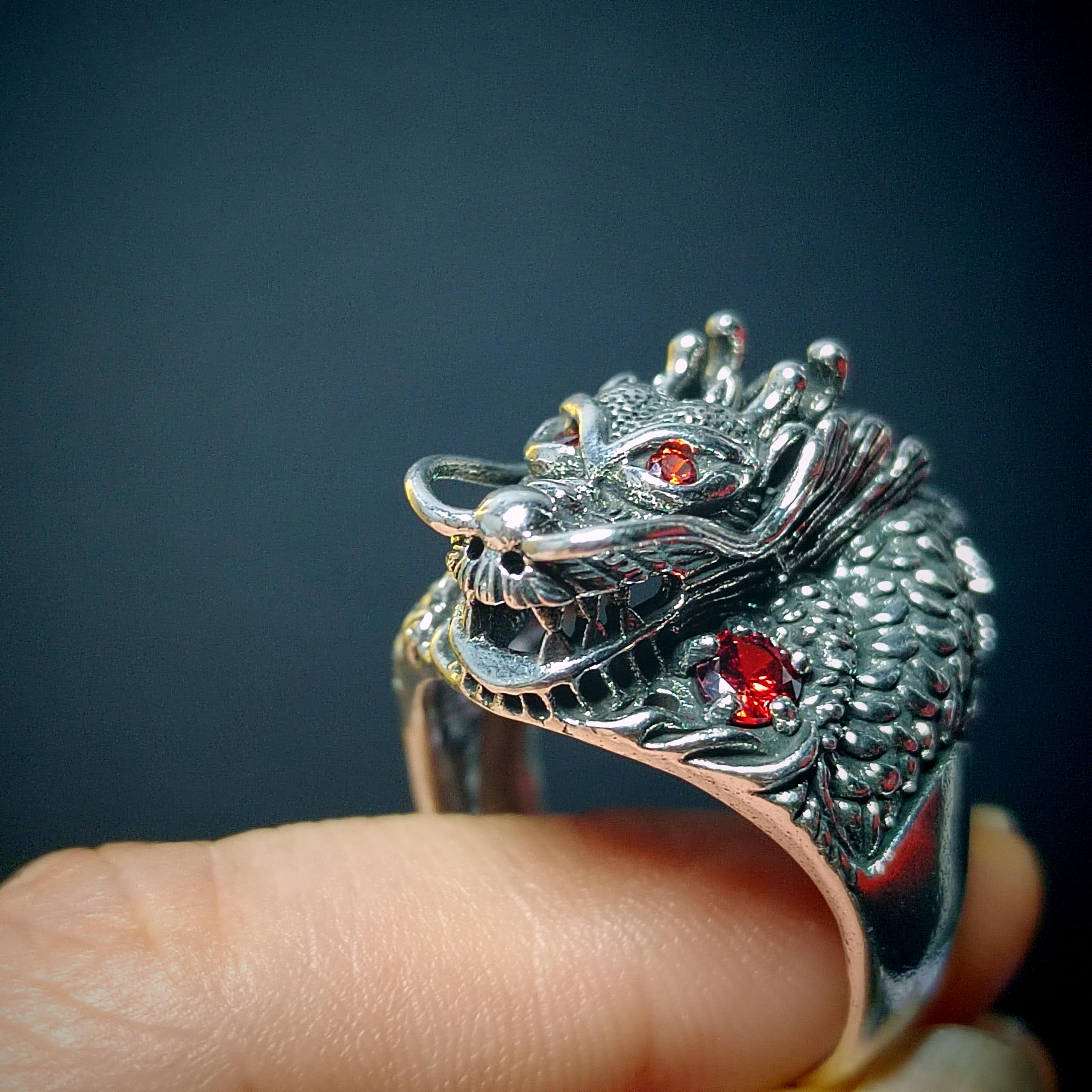 Large 925 Sterling Silver Dragon Ring | Red Zircon Accent | Thai Trend Design SL232 - SL Precious