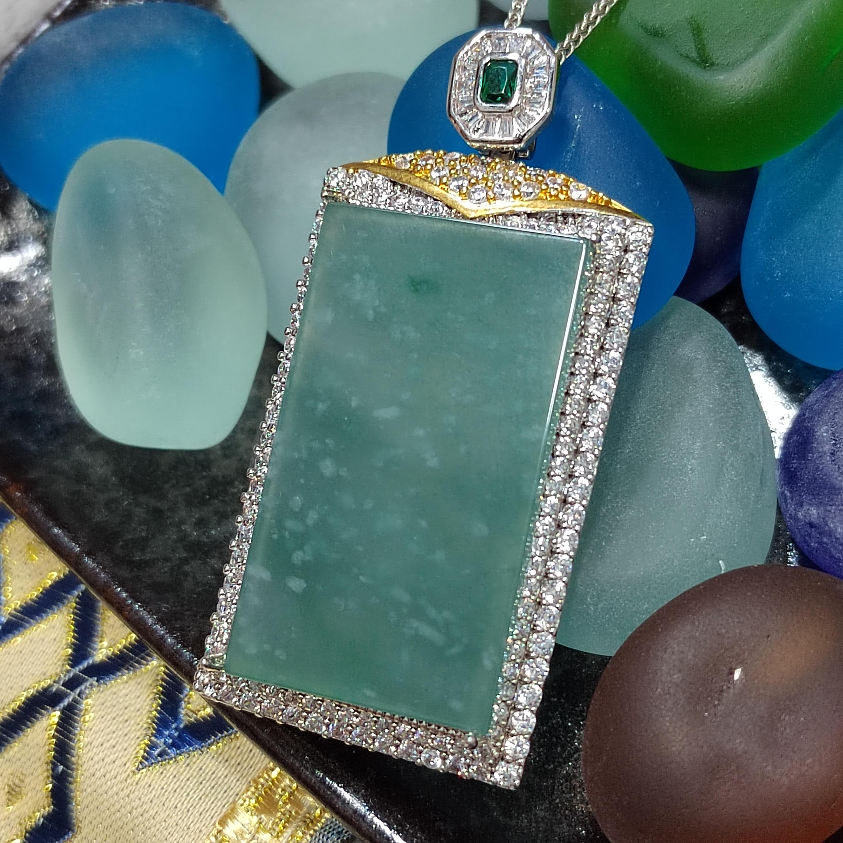 Elegant Guatemala Gemstone Pendant with Icy Snow Flower Blue/Green Jadeite - Unisex 18k Gold Plated Design SL119