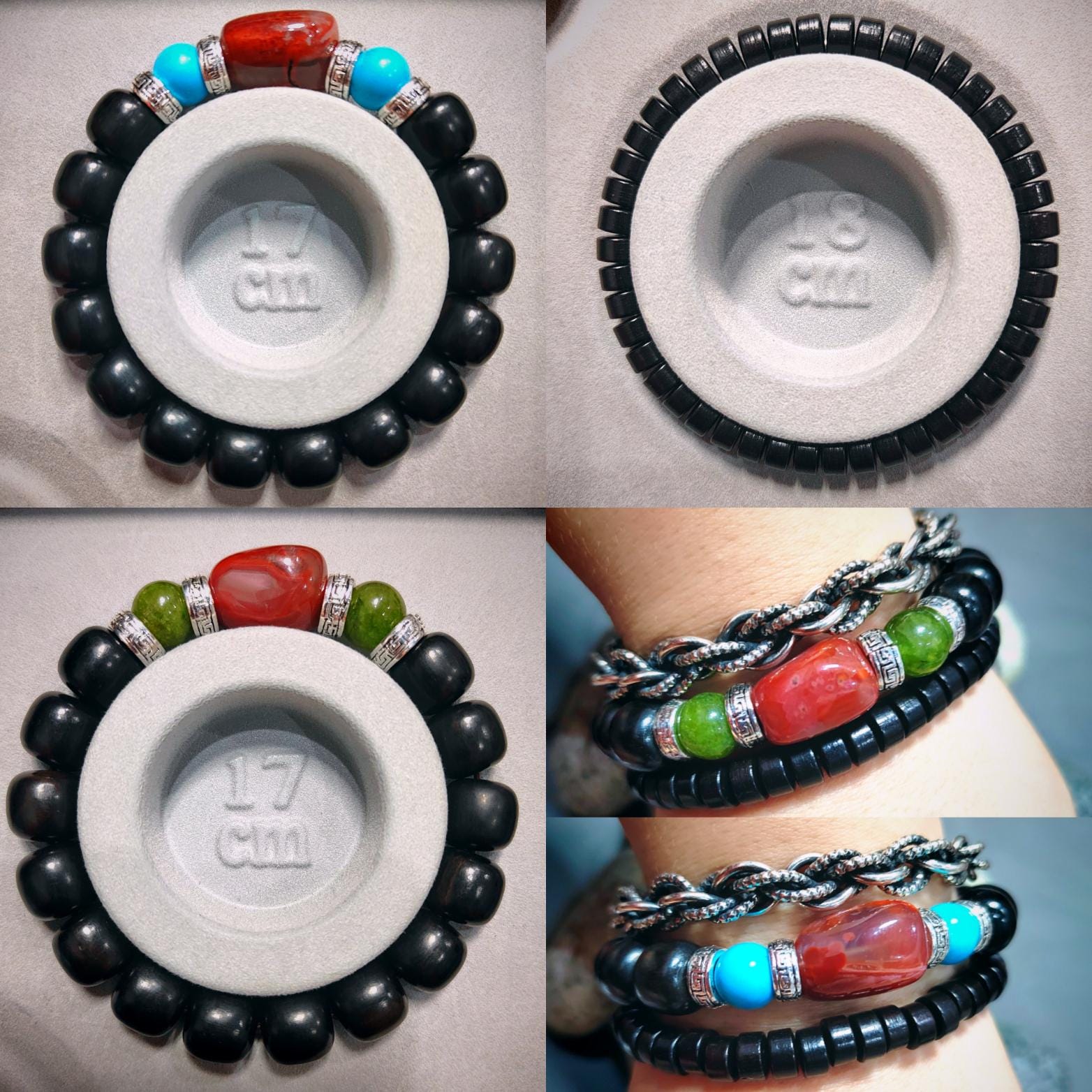 Handmade Ebony Wood Bead Bracelet Set |Unisex Jewelry with Silver and Natural Nanhong Tourmaline| Turquoise Accents SL388