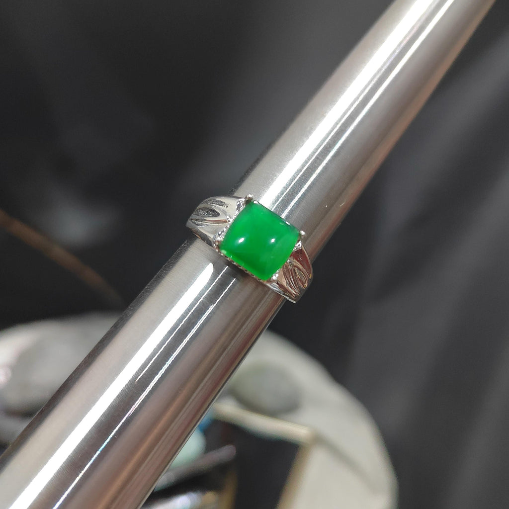 Certified Natural Untreated Burmese Icy Clean Imperial Vivid Green Men Jadeite Ring S925 Sterling Silver SL371