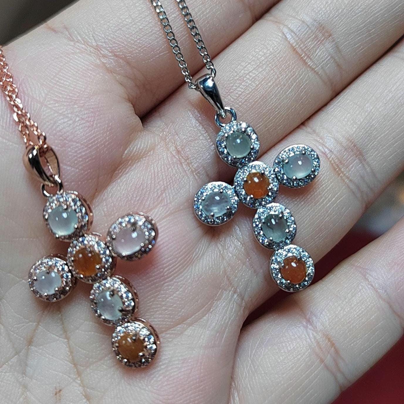 Natural Burmese Red/White Icy A Grade Jadeite Cross 925 Silver 18k Rose/White Gold Plated Zirconia Christian Cross Jewelry Set SL057 - SL Precious