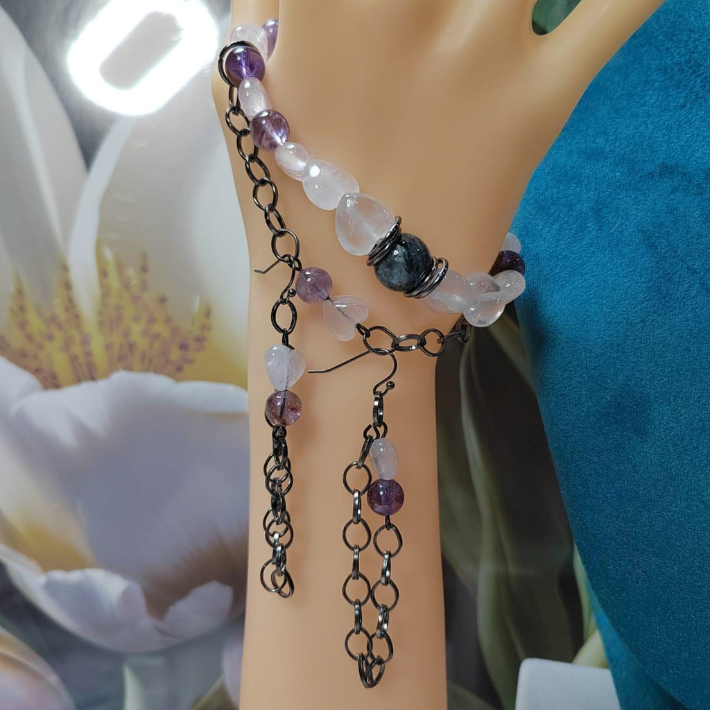 Handmade Trendy Design Rose Pink Quartz, Auralite 23 Amethyst and Wuji Jadeite Bracelet & Earring Set SL015 - SL Precious