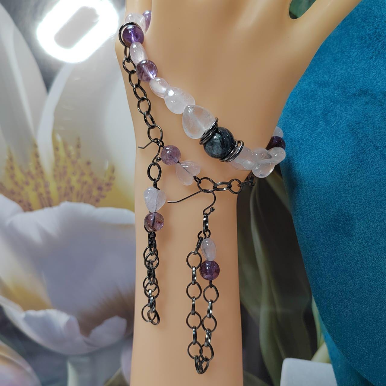 Handmade Trendy Design Rose Pink Quartz, Auralite 23 Amethyst and Wuji Jadeite Bracelet & Earring Set SL015 - SL Precious