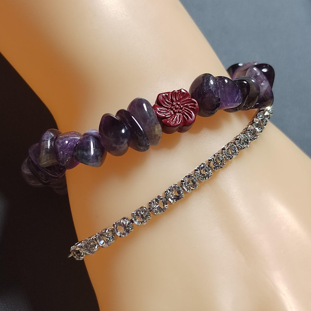 Natural Purple Amethyst Quartz Flower Cinnabar Uneven Beads Rhinestone Mix & Match Bracelet SL169 - SL Precious