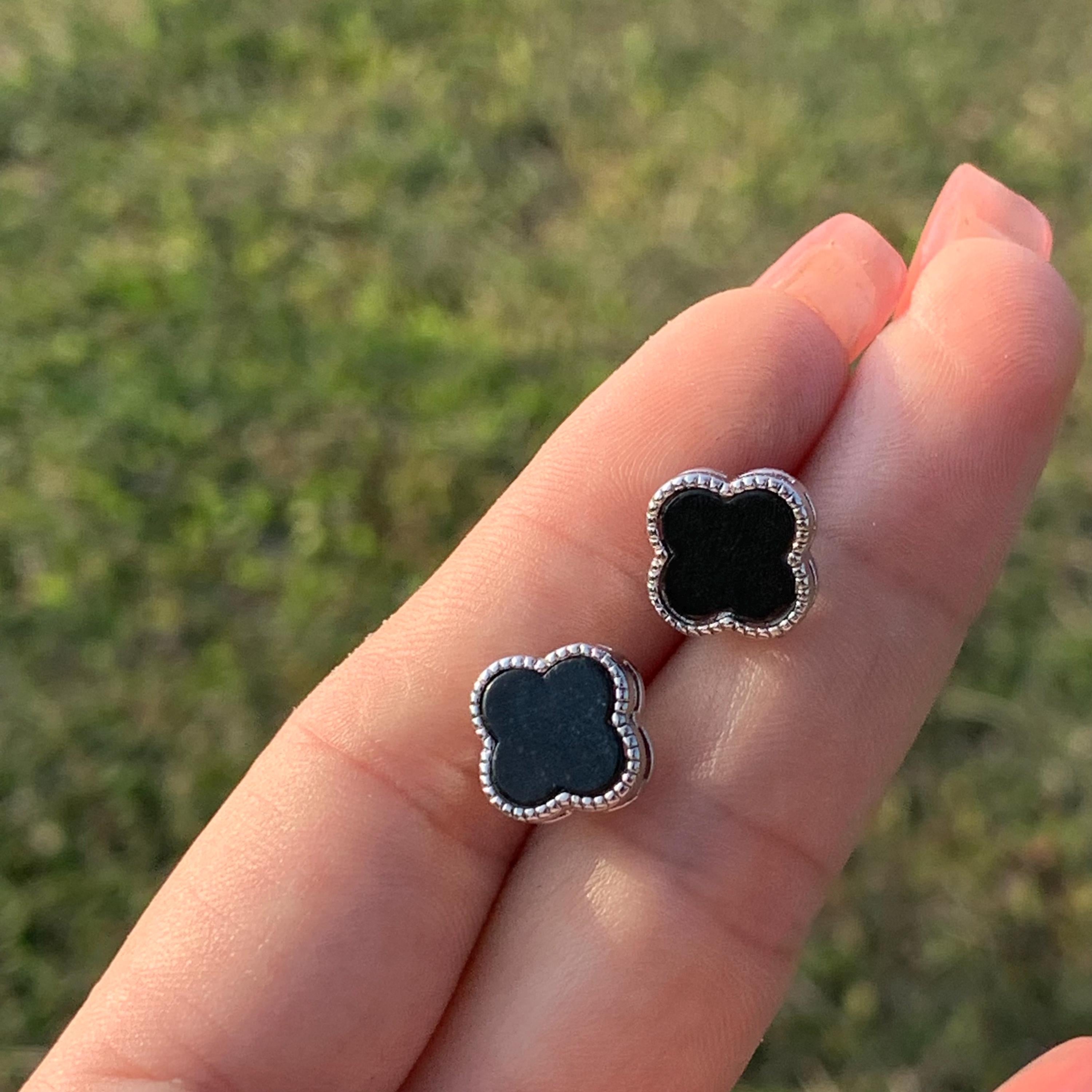 Certified A-Grade Minimalist Natural Untreated Burmese Black Ink Jadeite S925 Lucky Flower  Stud Earrings Jadeite SL257X16
