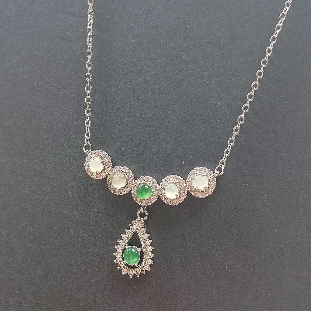 Natural Untreated A-Grade Icy White Apple Green Jadeite V-Neck Necklace | Zircon Accents SL011 - SL Precious