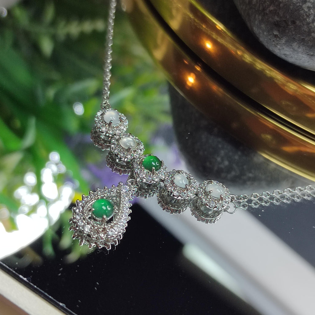 Natural Untreated A-Grade Icy White Apple Green Jadeite V-Neck Necklace | Zircon Accents SL011 - SL Precious