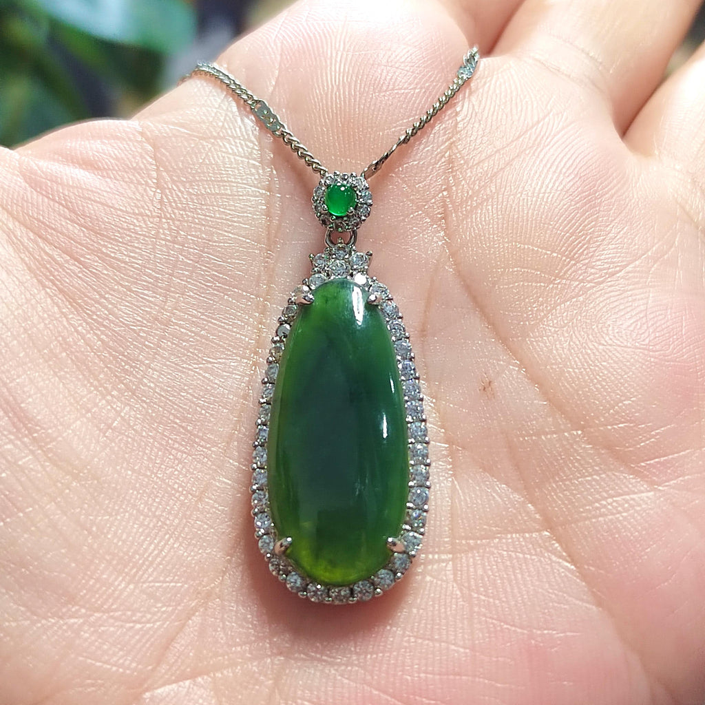 Certified Natural Burmese Apple Green Jadeite Teardrop Necklace | 18K White Gold SL063 - SL Precious