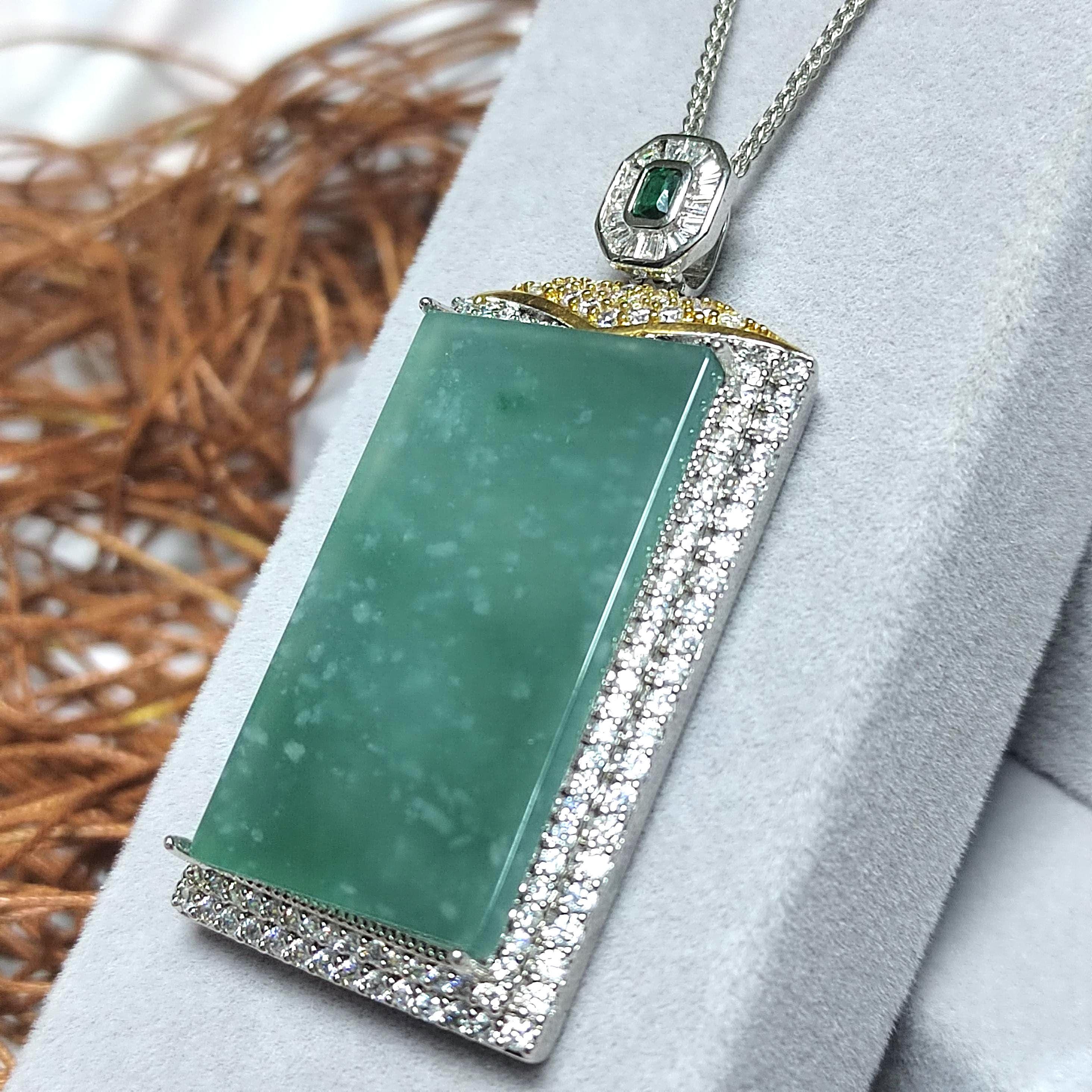 Elegant Guatemala Gemstone Pendant with Icy Snow Flower Blue/Green Jadeite - Unisex 18k Gold Plated Design SL119