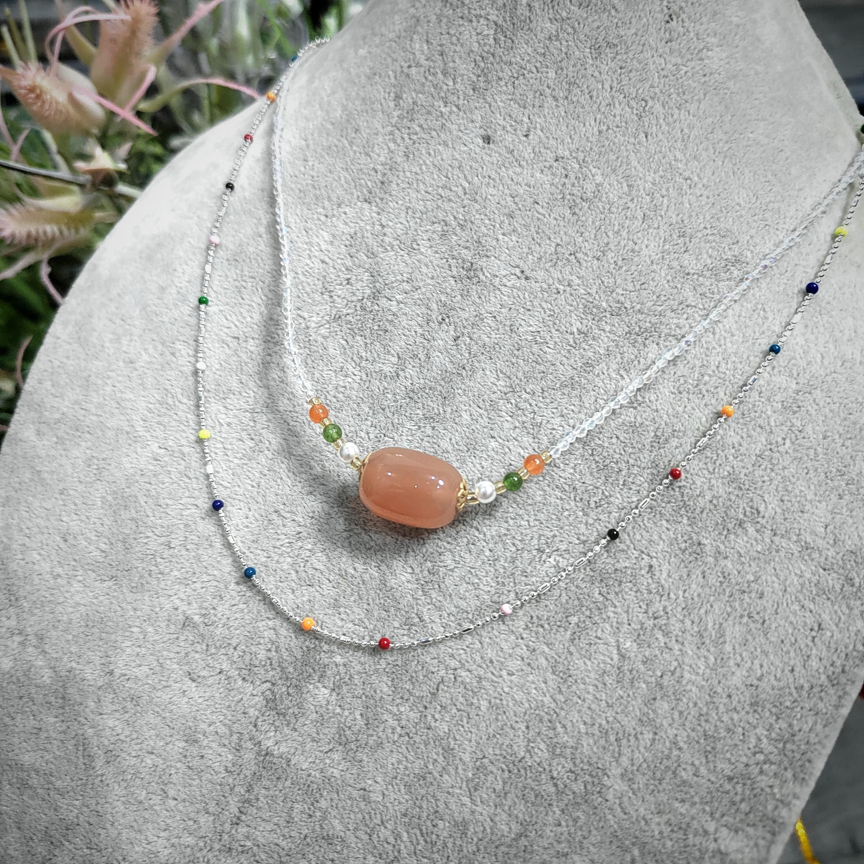 2pcs Set Natural Yanyuan Agate Clean Quartz Bead Necklaces & S9999 Pure Silver Colorful Beads Design SL299
