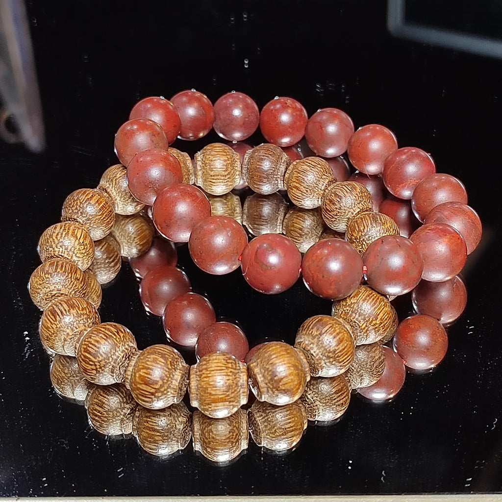 2pcs Set Unisex Natural Wood & Aromatic Bead Bracelets | Ebony Thuja with South Red Agate Accent | Handmade Gift for Him or Her SL416