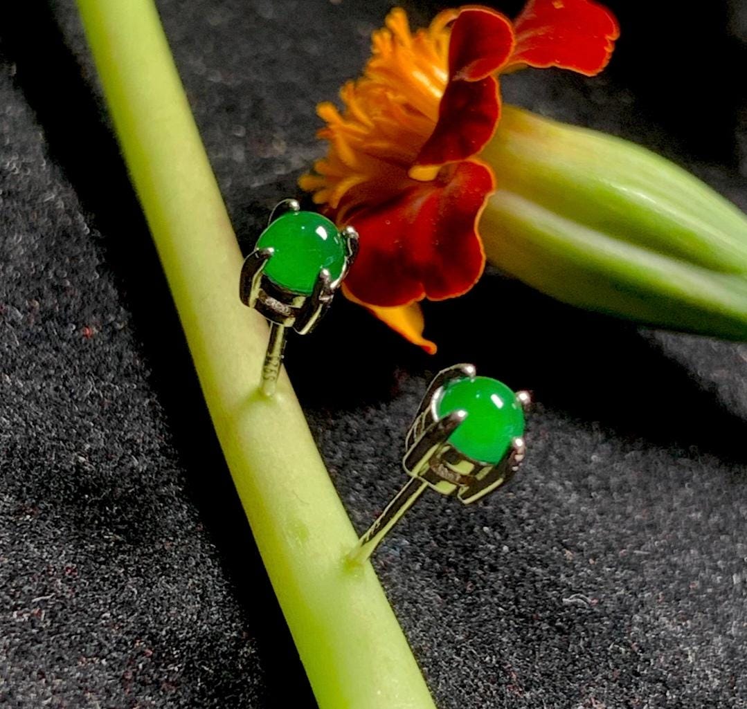 Certified Natural Untreated Burmese Minimalist Simple Stud Imperial Green Jadeite Earrings. S925 Sterling Silver Set SL259X18G SL259X18S - SL Precious