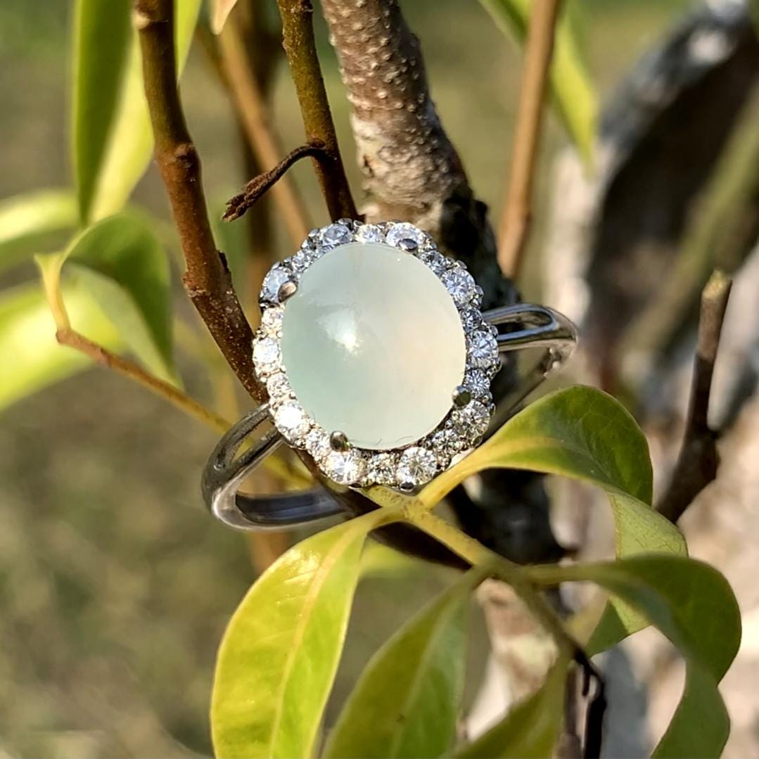 Certified Elegant Natural Untreated Burmese White Icy Jadeite Zircon Set S925 Sterling Silver Ring Engagement, Wedding, Any Occasion SL249X8 - SL Precious