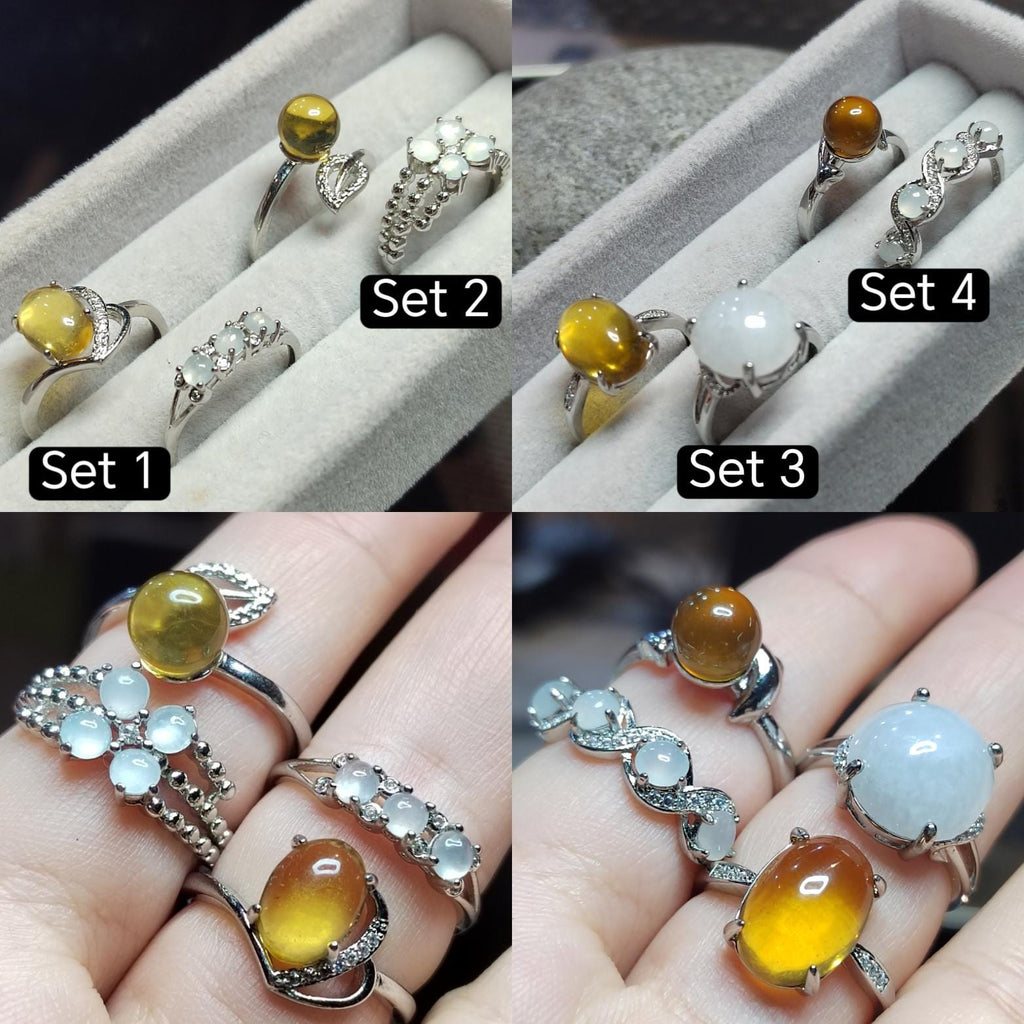 Burmese Blue Amber & Jadeite Ring Set: 18K Gold-Plated S925 Silver, Adjustable SL417