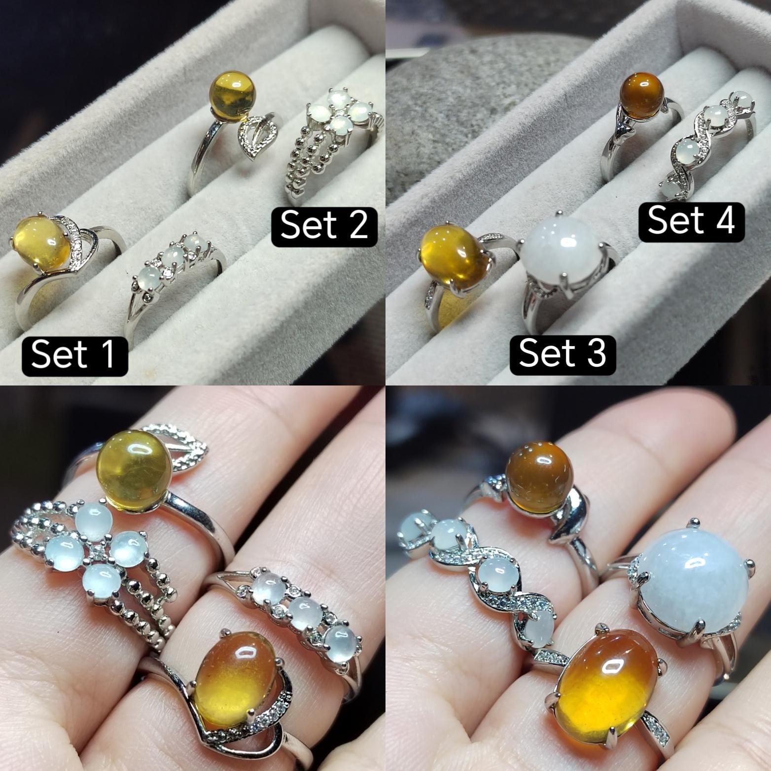 Burmese Blue Amber & Jadeite Ring Set: 18K Gold-Plated S925 Silver, Adjustable SL417