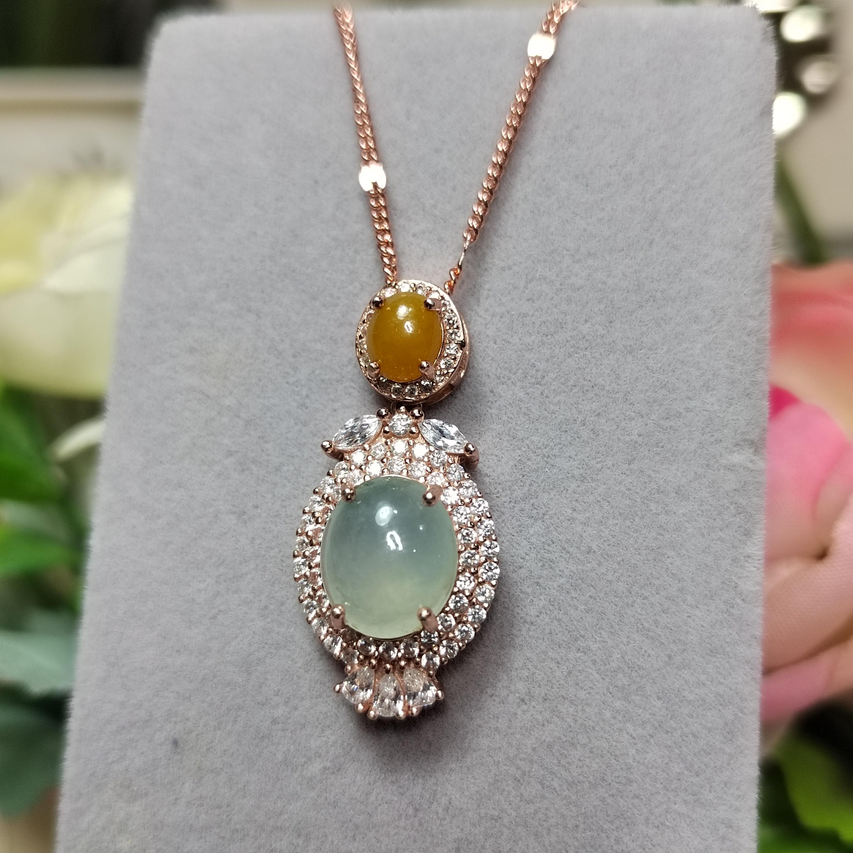 A Grade Women Natural Gemstone Untreated Burmese Yellow & Icy White Jadeite Pendant 925 Sterling Silver with 18k Rose Gold Plated SL094
