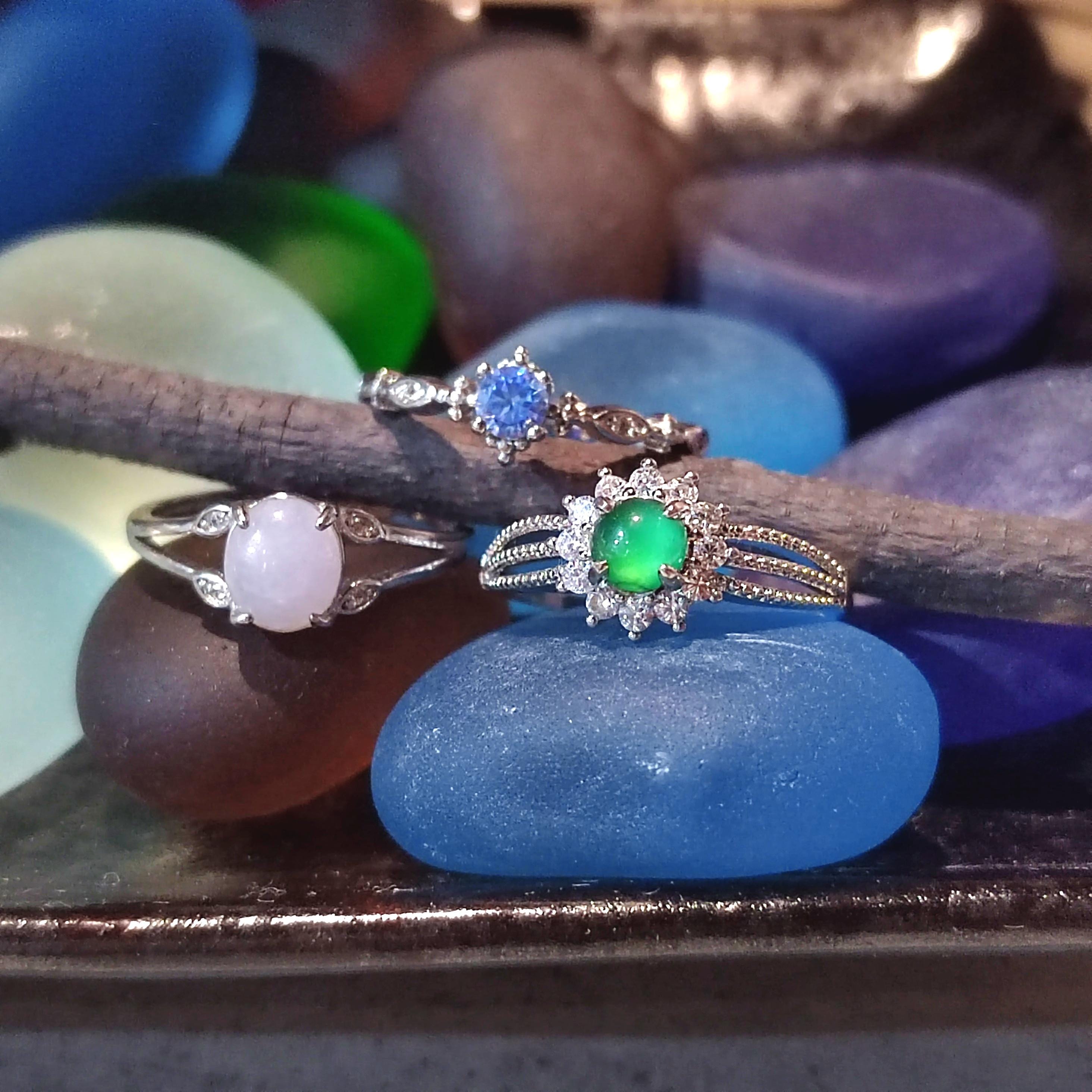 3pcs Set – Burmese White Jadeite, Guatemala Green Jadeite & Blue Topaz Rings | S925 Silver | Elegant Mixed Energy Trio | SL408