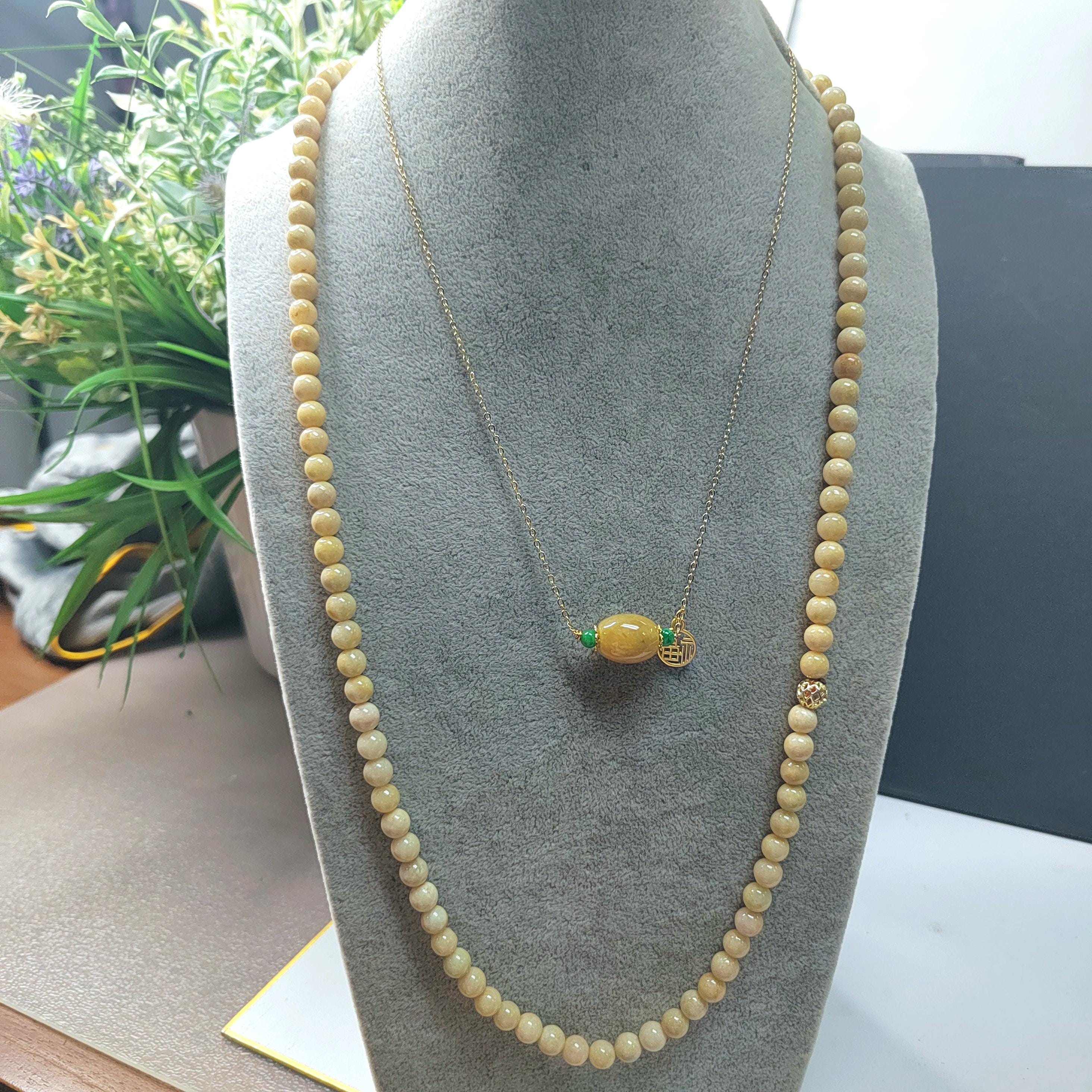 Certified A-Grade Natural Untreated Burmese Creamy Yellow Beads 77cm Long Jadeite Necklaces 7mm SL365A
