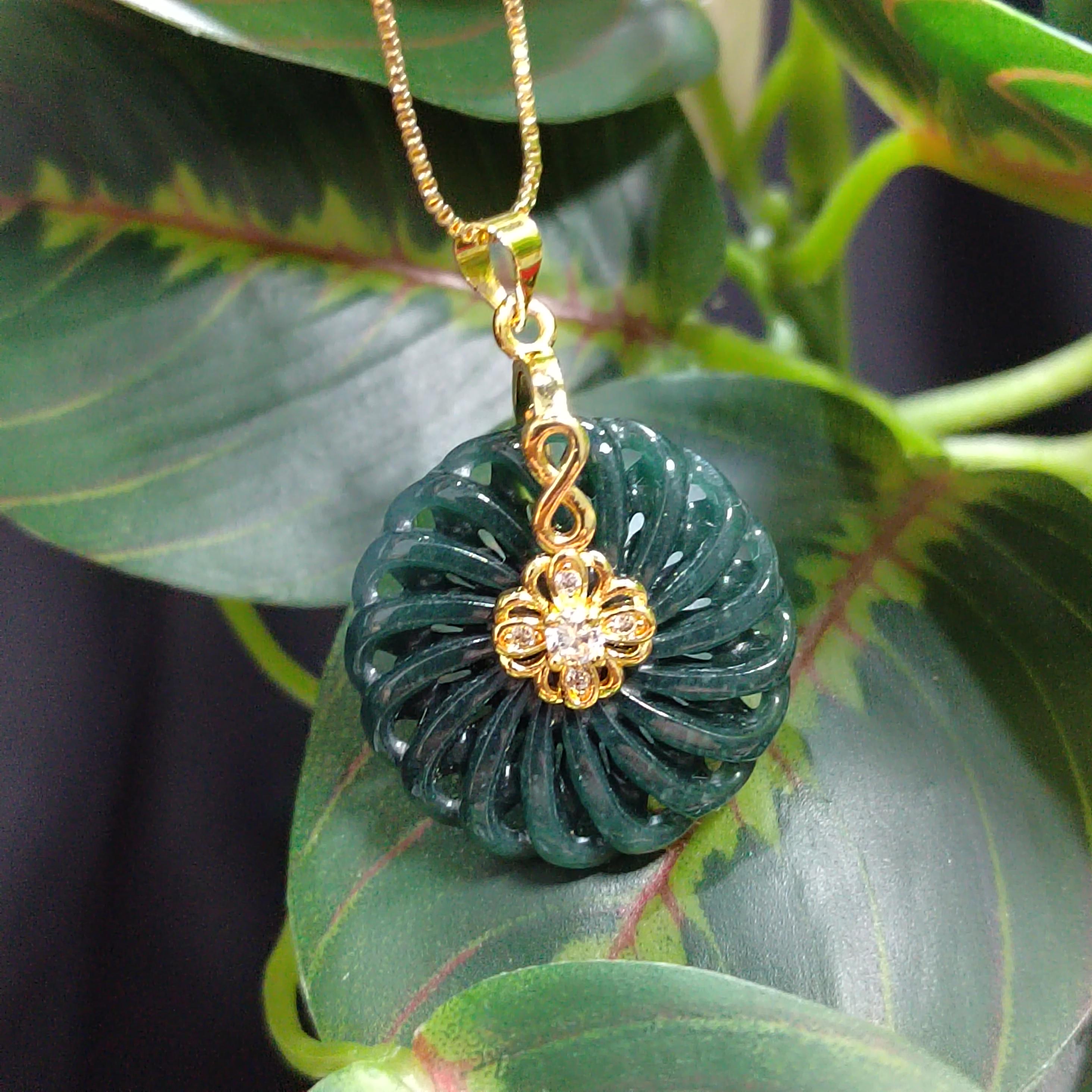 Hand Carved Guatemala Round Flower Lucky Spin Dark Green Natural Untreated Jadeite Pendant SL076 - SL Precious