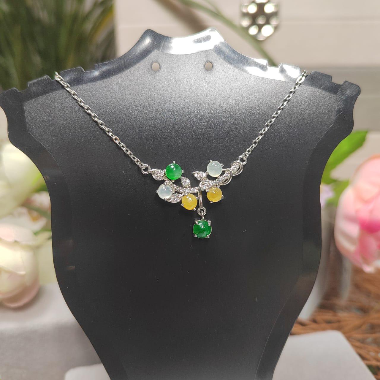 3 Colors Women Burmese Icy White, Yellow, Imperial Green Jadeite Necklace with Zircon Accent 925 Silver Plated with 18K White Gold SL082