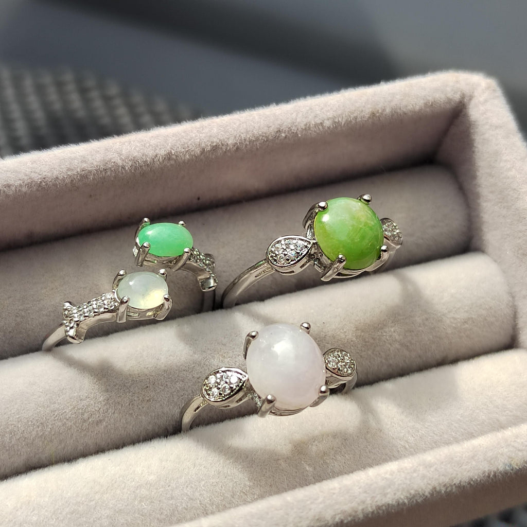 Burmese Jadeite Ring Set: Sterling Silver, Zircon Accents SL411