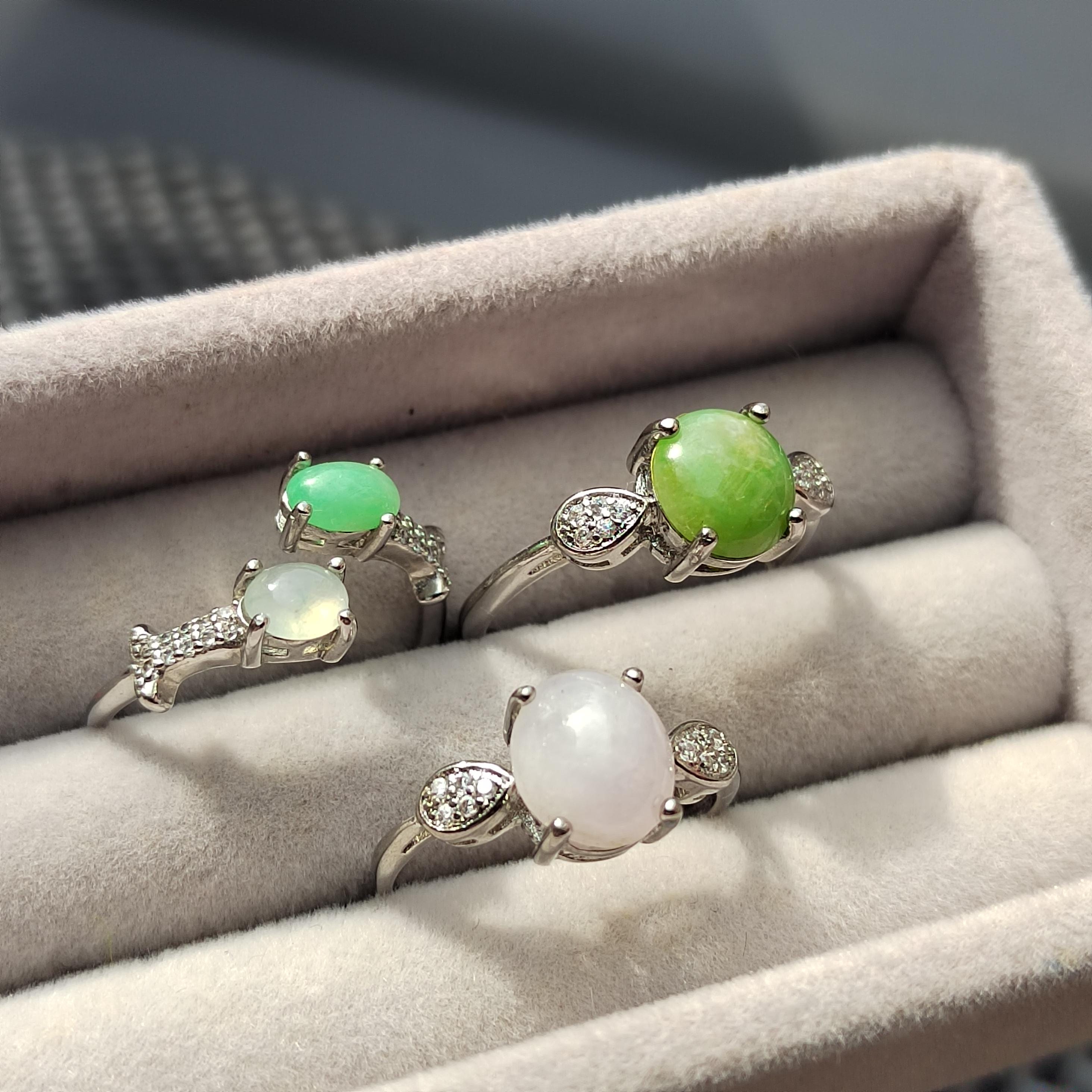 Burmese Jadeite Ring Set: Sterling Silver, Zircon Accents SL411