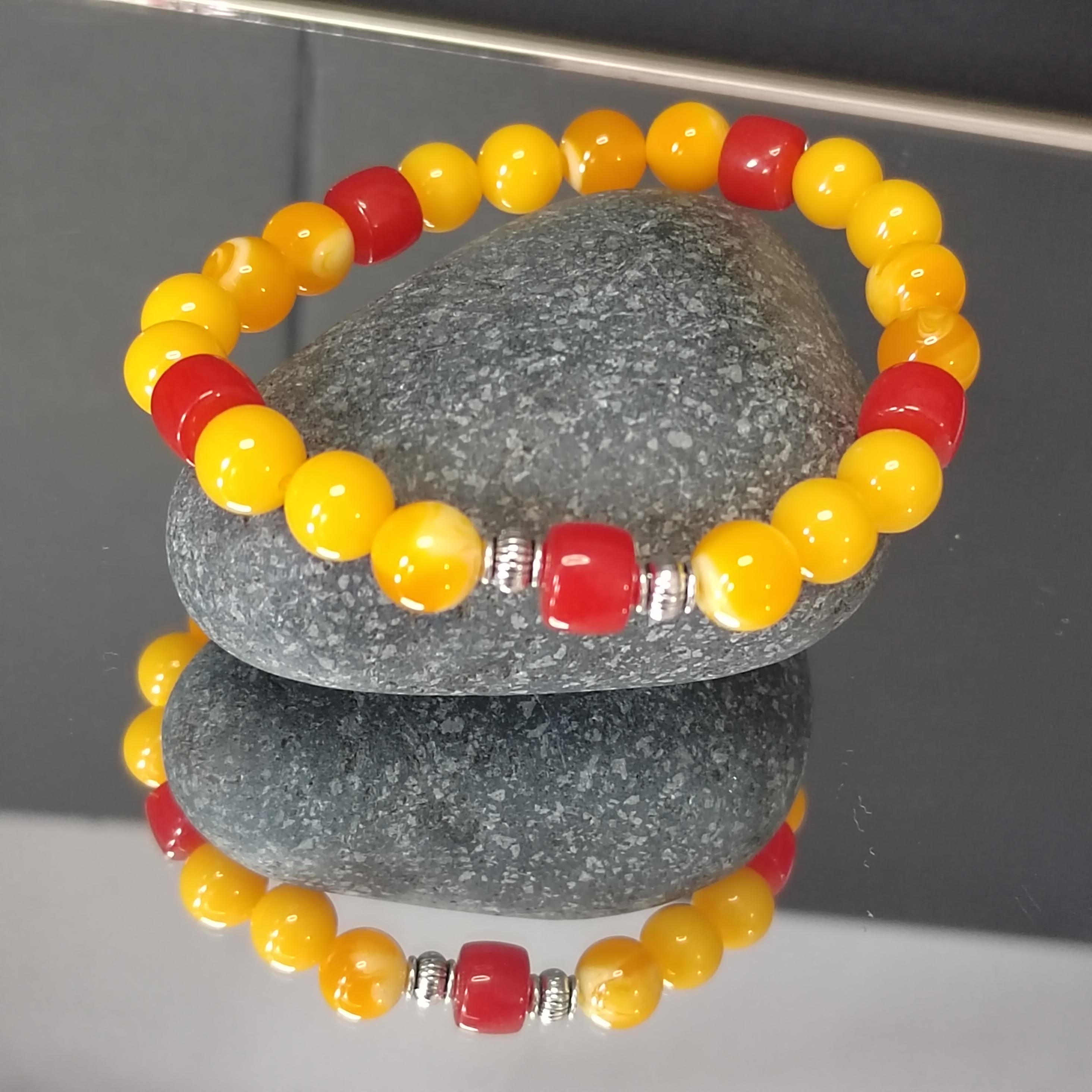 Natural Handmade Russian Baltic Beeswax Amber & China Southern Nanhong Agate S999 Pure Silver Bead Bracelet - Gifts for Her SL328