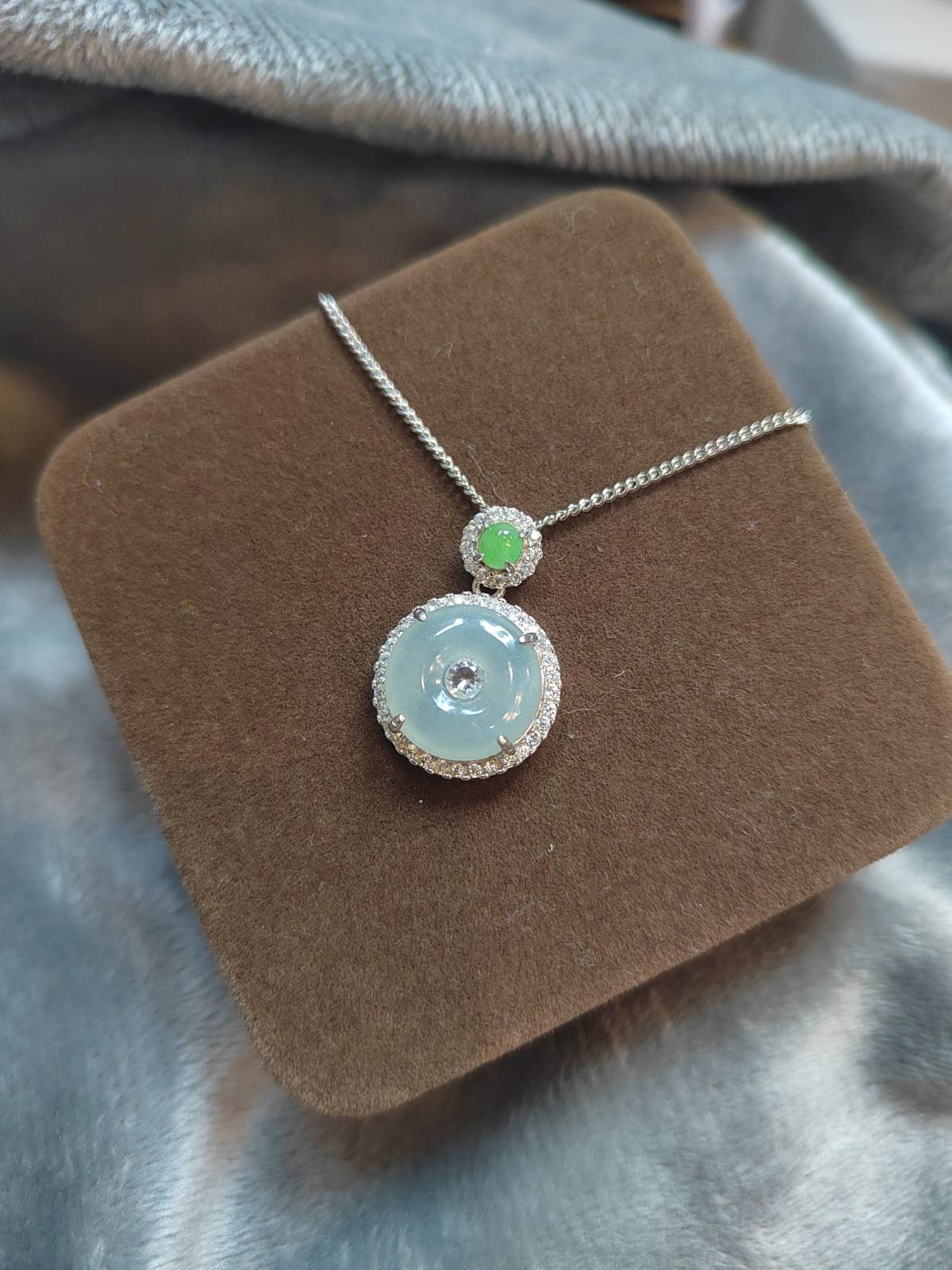 Certified A-Grade Icy White Green Burmese Jadeite Donut Shape Pendant Zirconia on 925 Silver Chain | Minimalist Design | For Her SL8007