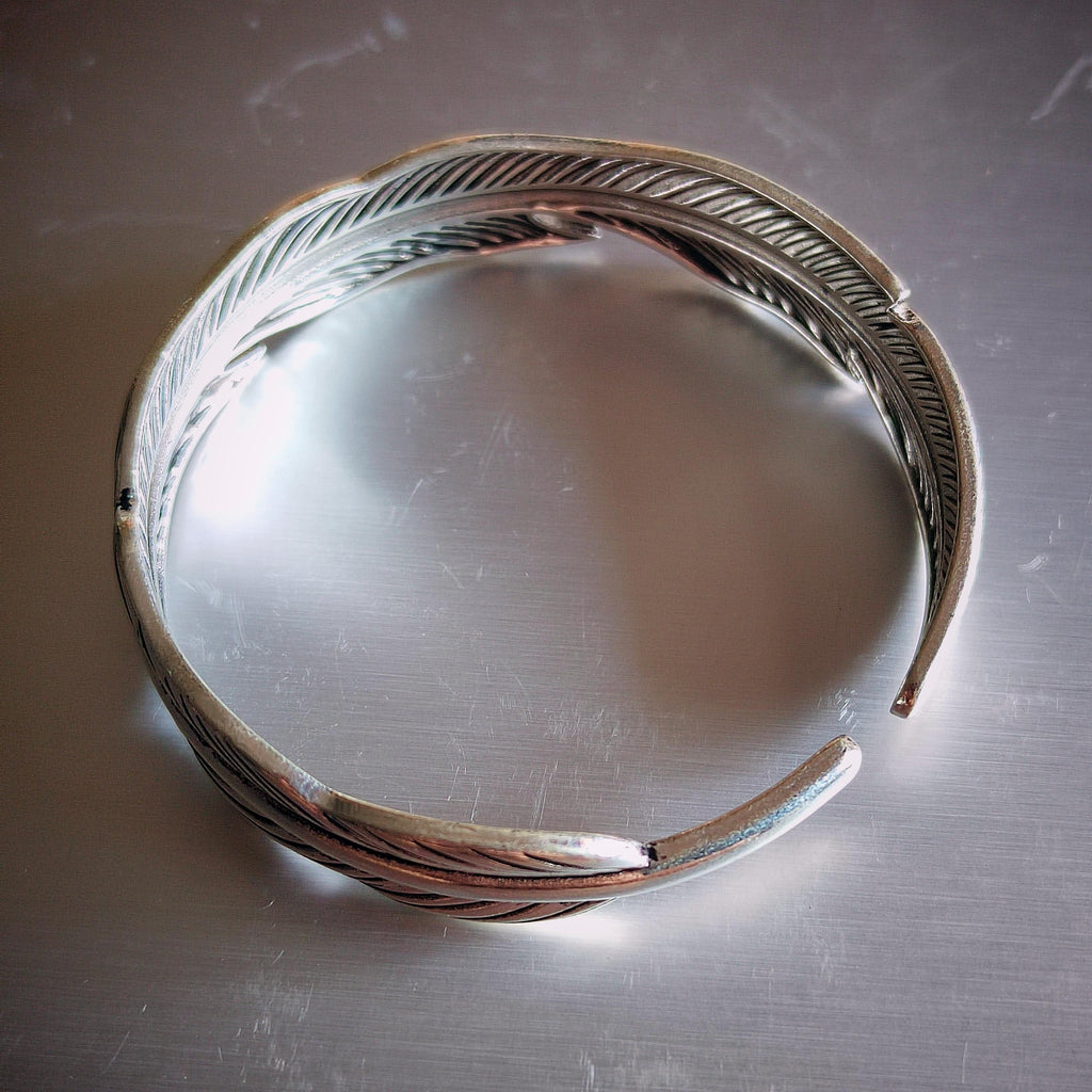 S9999 Silver Filled Vermeil Feather Cuff Bangle | Thai Vintage Trend | Unisex Adjustable Bracelet | Gift Jewelry SL337