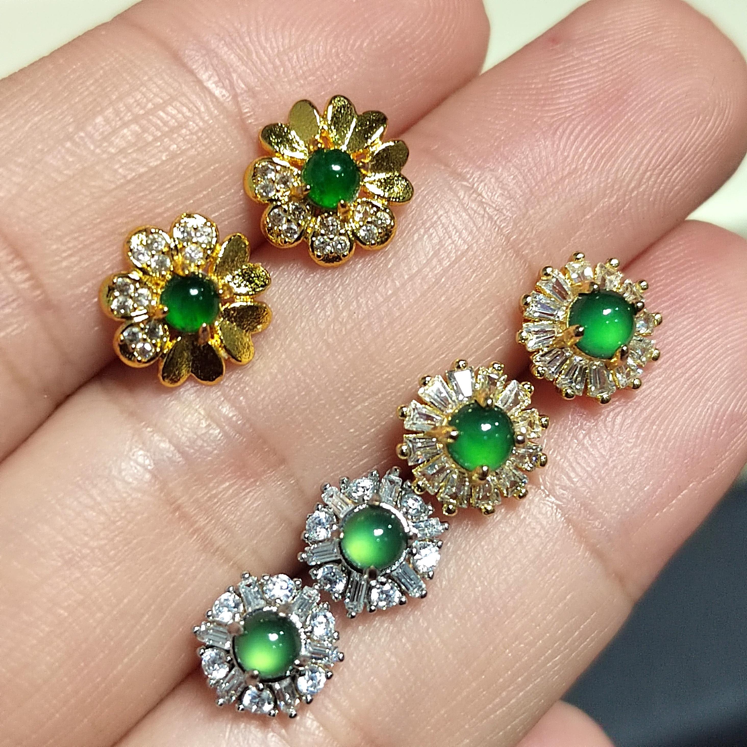 Certified 3 Different Types Natural  Imperial Green Minimalist Stud Guatemala Jadeite Earrings 18k Plated on 925 Sterling Silver SL349x29