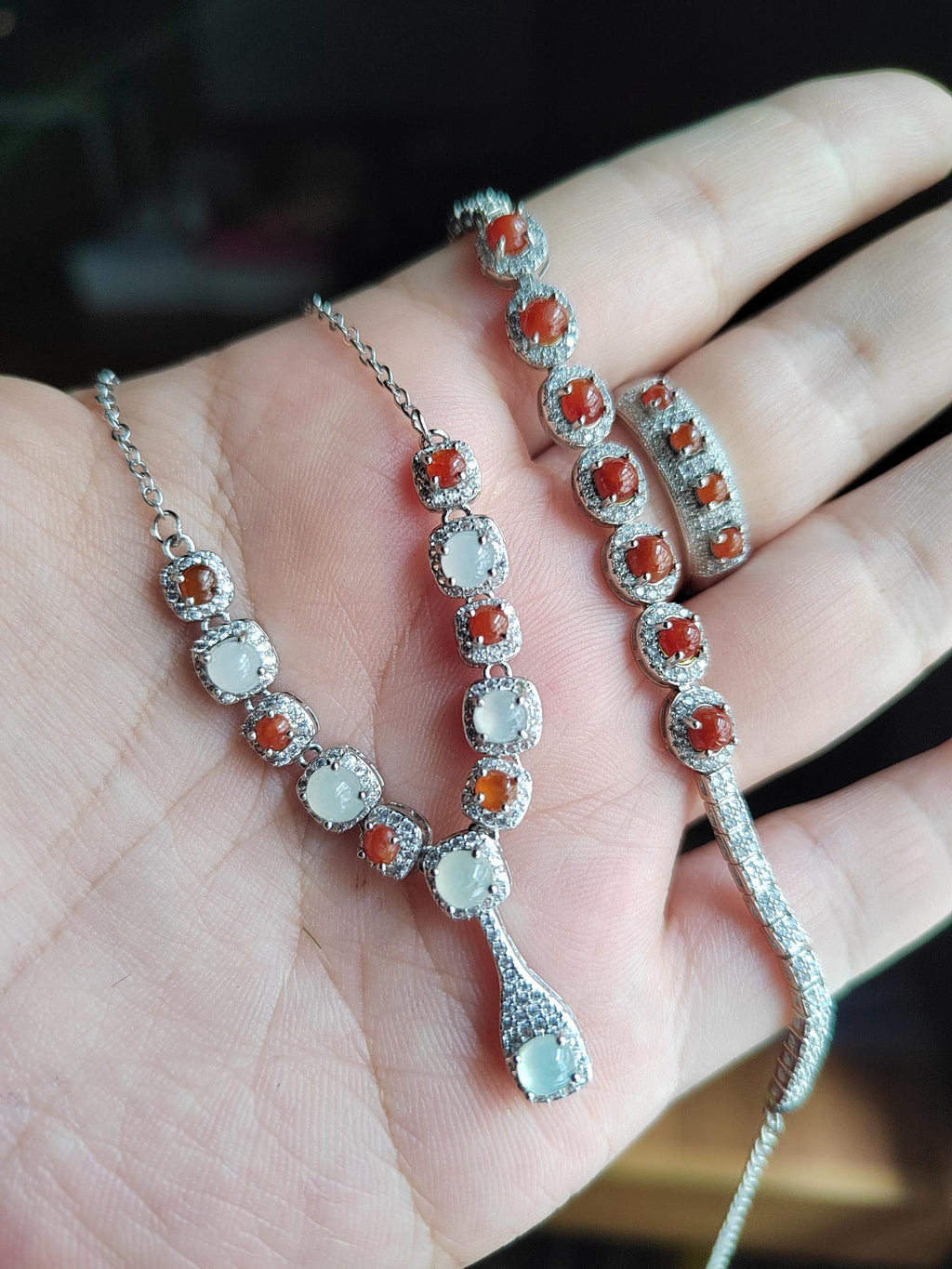 Women 3 pcs Set Necklaces, Bracelets, Ring  Elegant Burmese A Grade Red/white Icy Natural Jadeite Zirconia Stone S925 Silver For Her SL131 - SL Precious